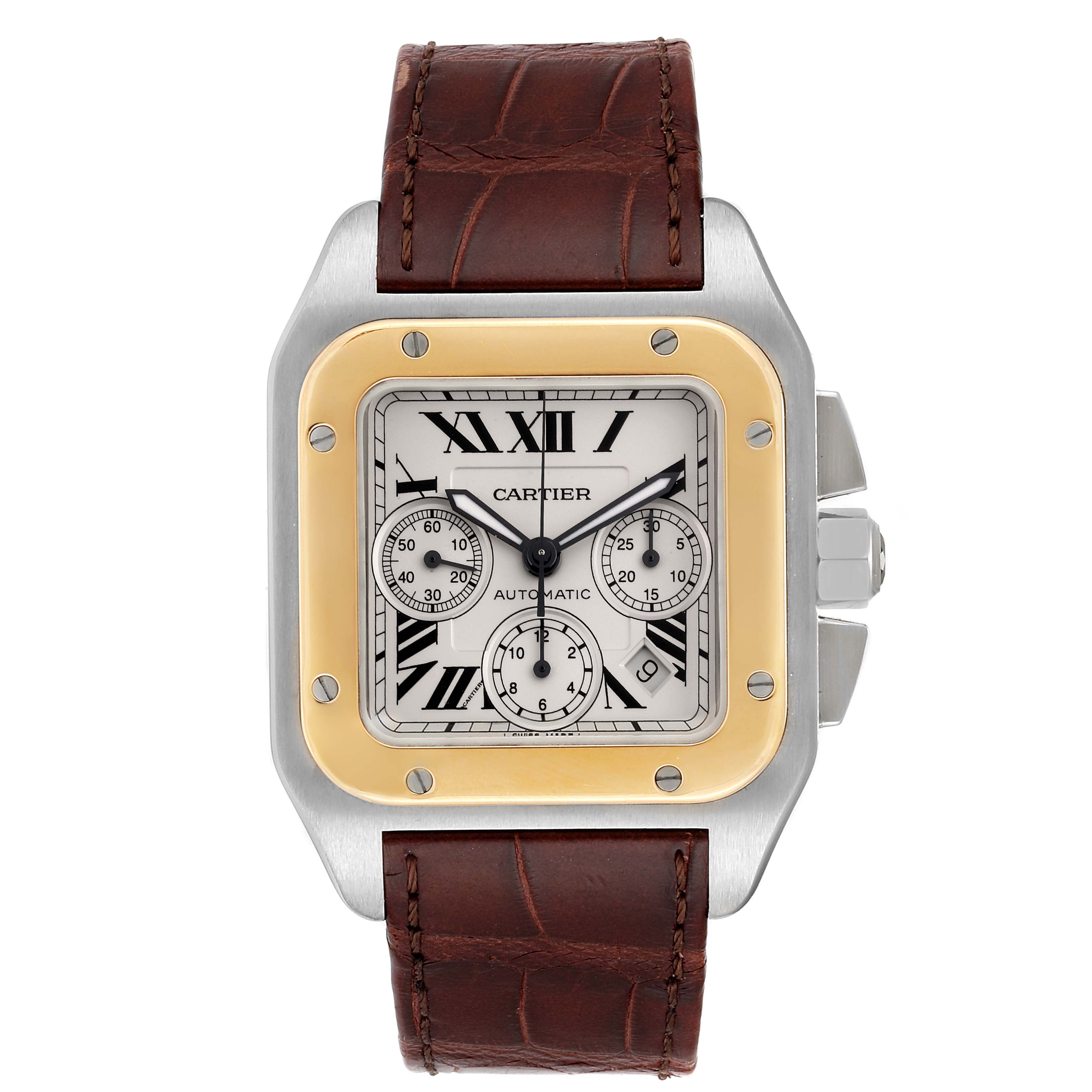 The image shows a front view of a Cartier Santos W20091X7 Men's Steel and Gold (two tone) Silver Dial W20091X7 Men's Steel and Gold (two tone) Silver Dial watch, displaying the dial, case, and leather strap.