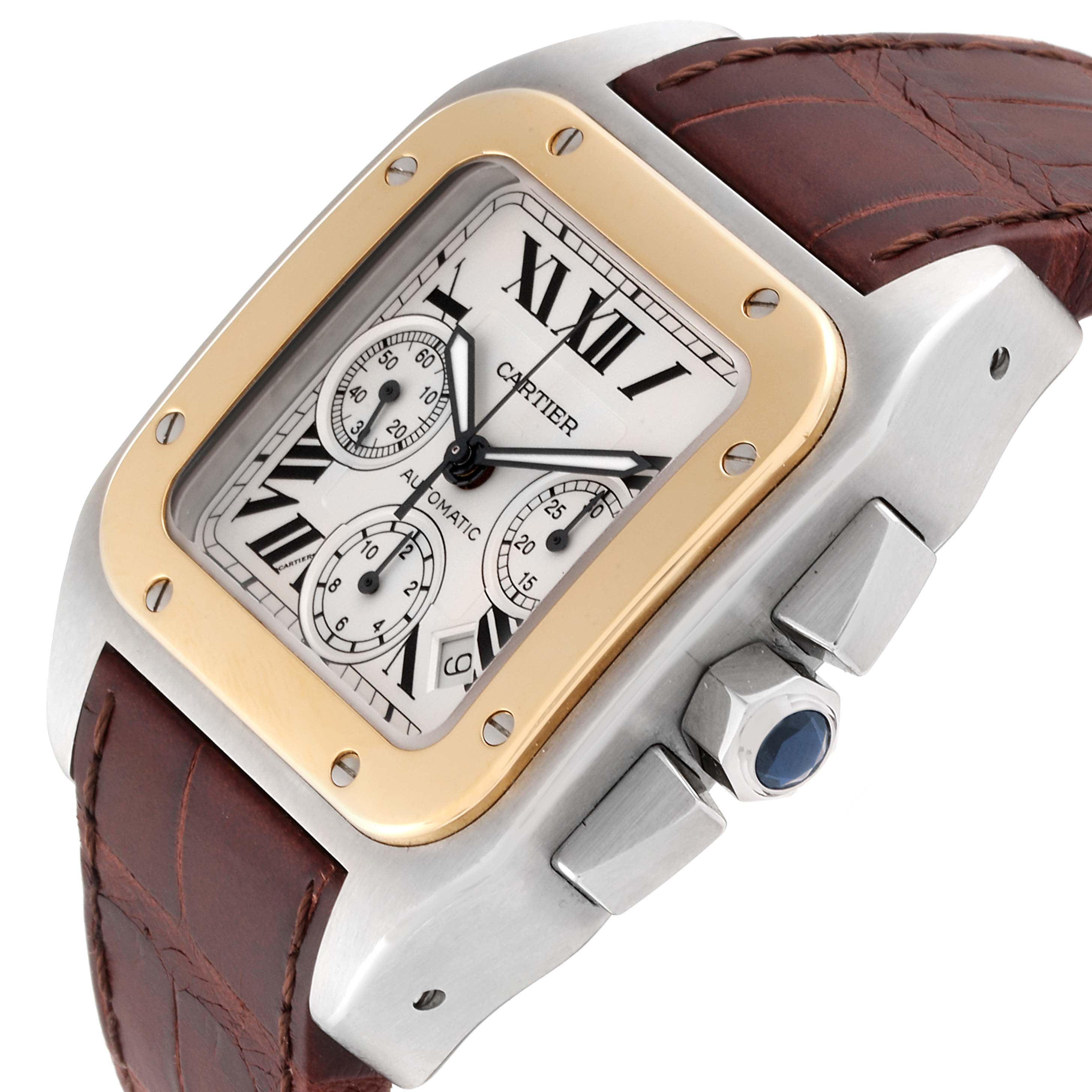 The image shows a close-up, angled view of the dial, crown, and leather strap of a Cartier Santos W20091X7 Men's Steel and Gold (two tone) Silver Dial W20091X7 Men's Steel and Gold (two tone) Silver Dial watch.