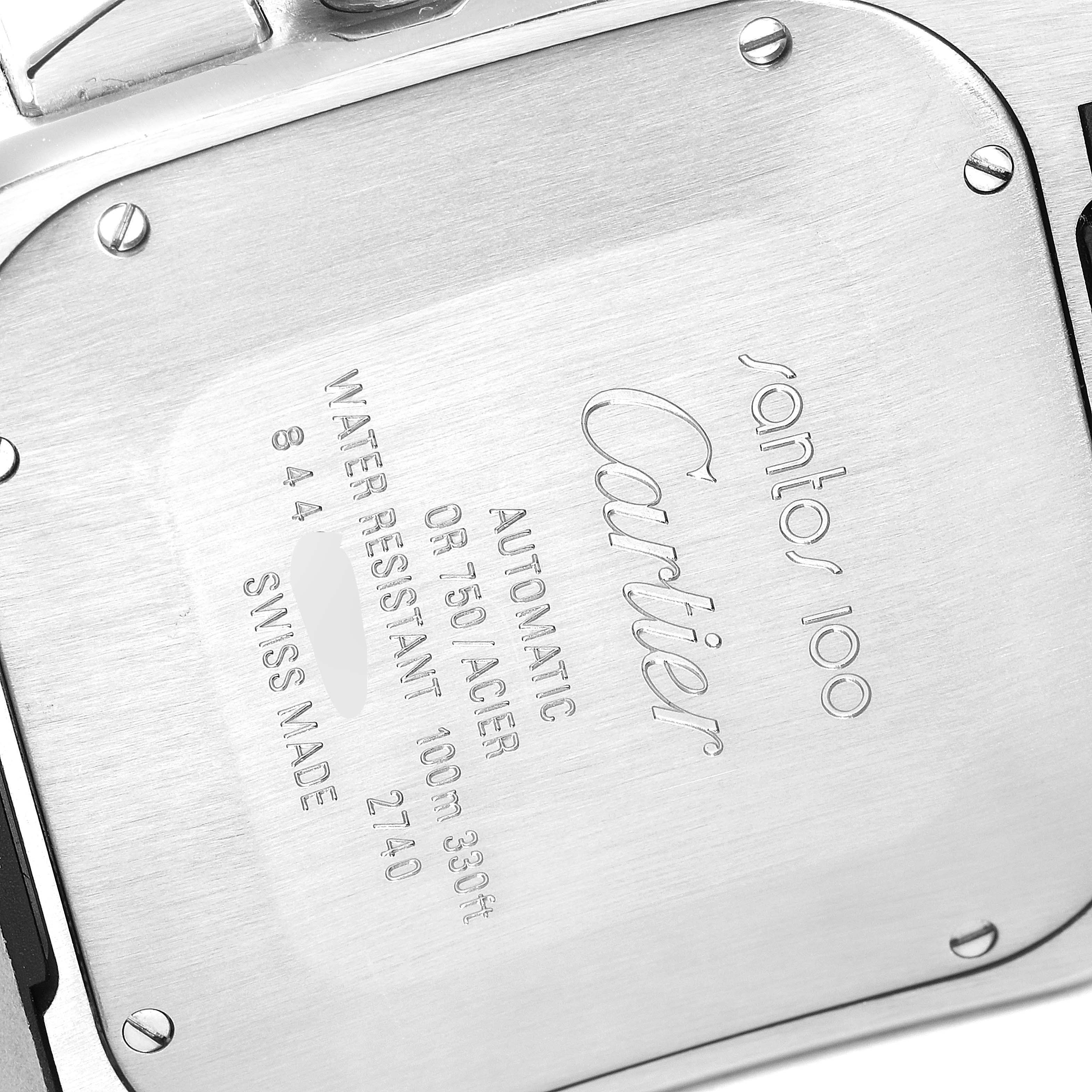 The image shows the back case of a Cartier Santos W20091X7 Men's Steel and Gold (two tone) Silver Dial W20091X7 Men's Steel and Gold (two tone) Silver Dial 100 watch, displaying details like water resistance, material, and origin.