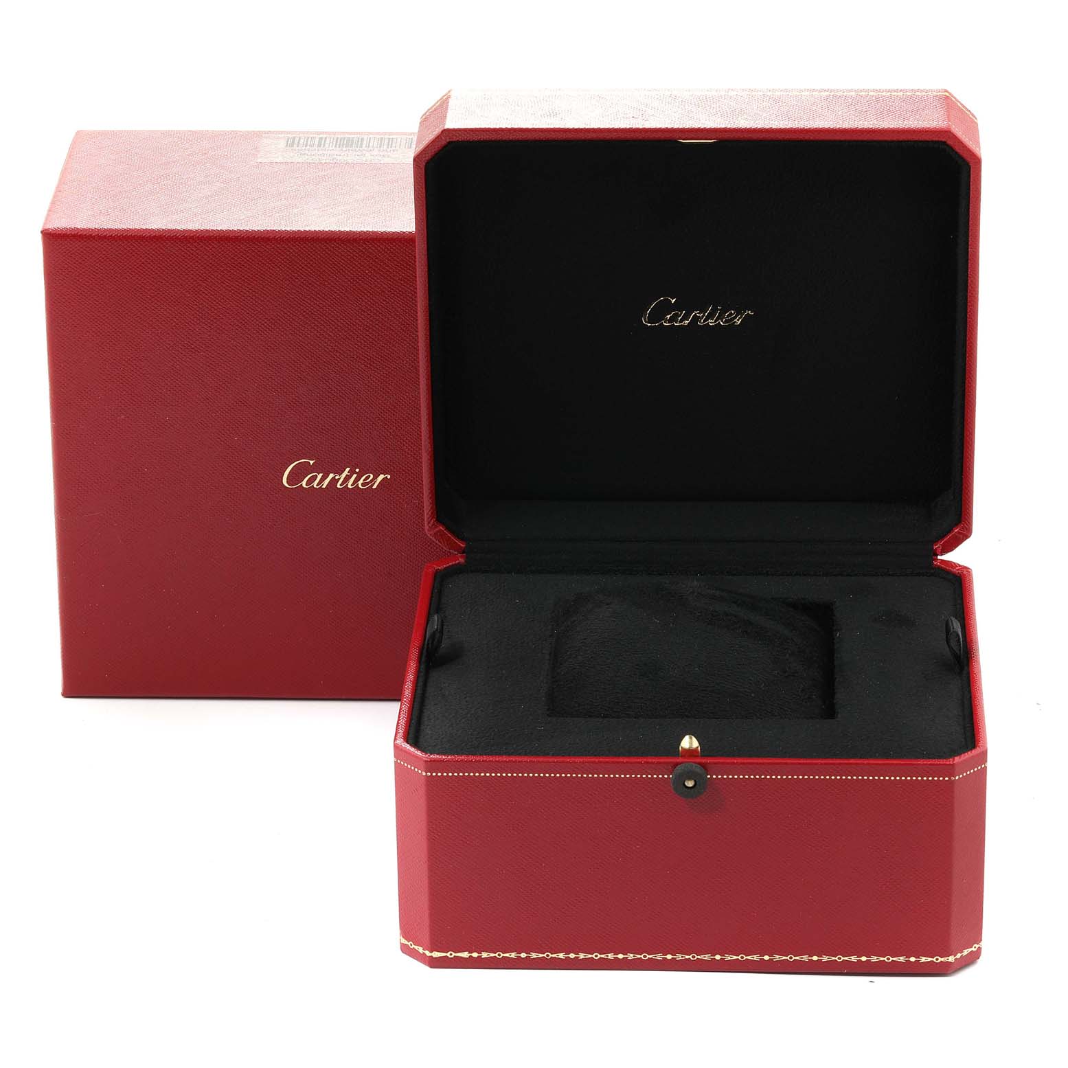 The image shows an open red Cartier box for the Santos model watch, revealing the black interior.