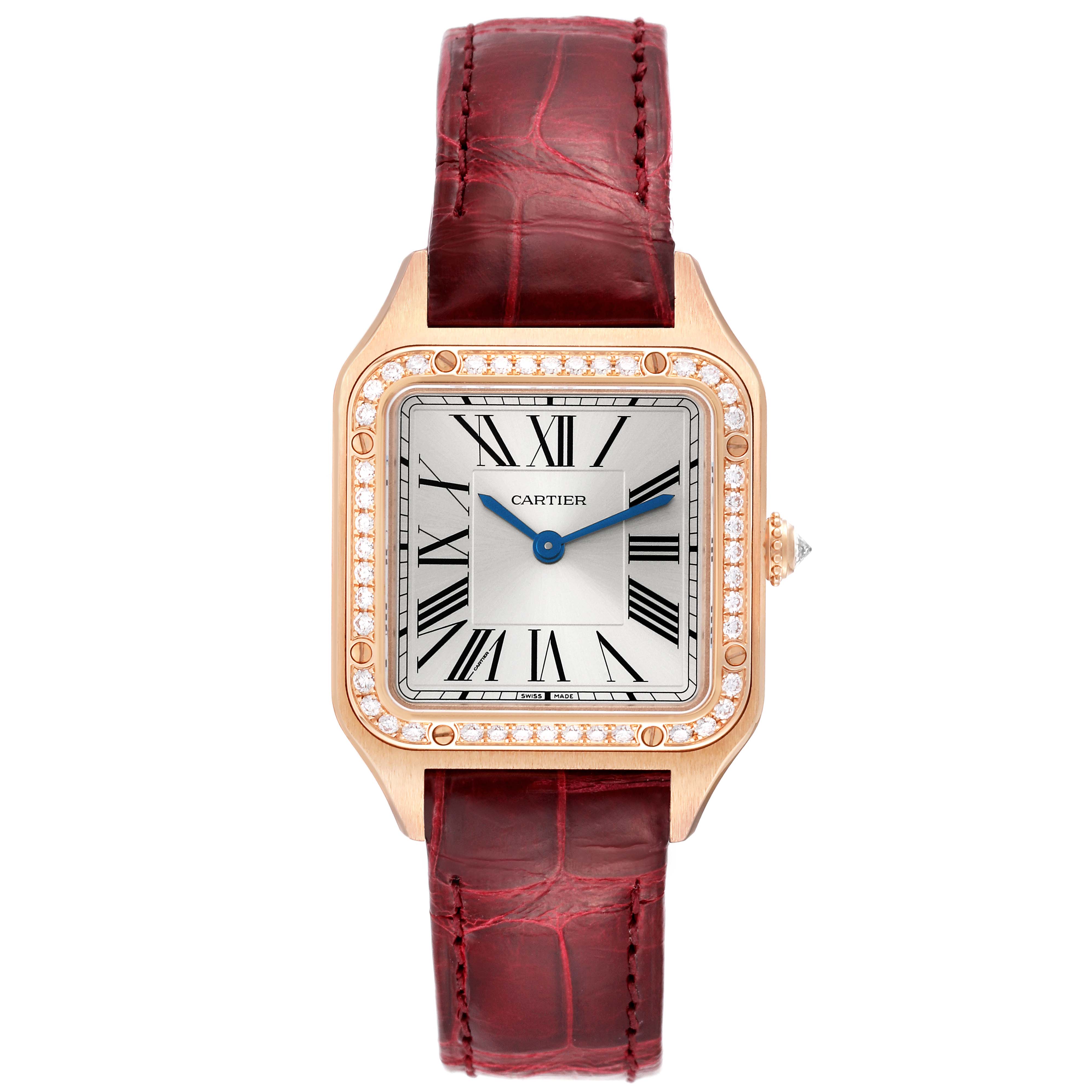 The image shows a front view of the Cartier Santos WJSA0017 Women
s Rose Gold Silver Dial WJSA0017 Women
s Rose Gold Silver Dial Dumont watch, highlighting the face, bezel, and red strap.