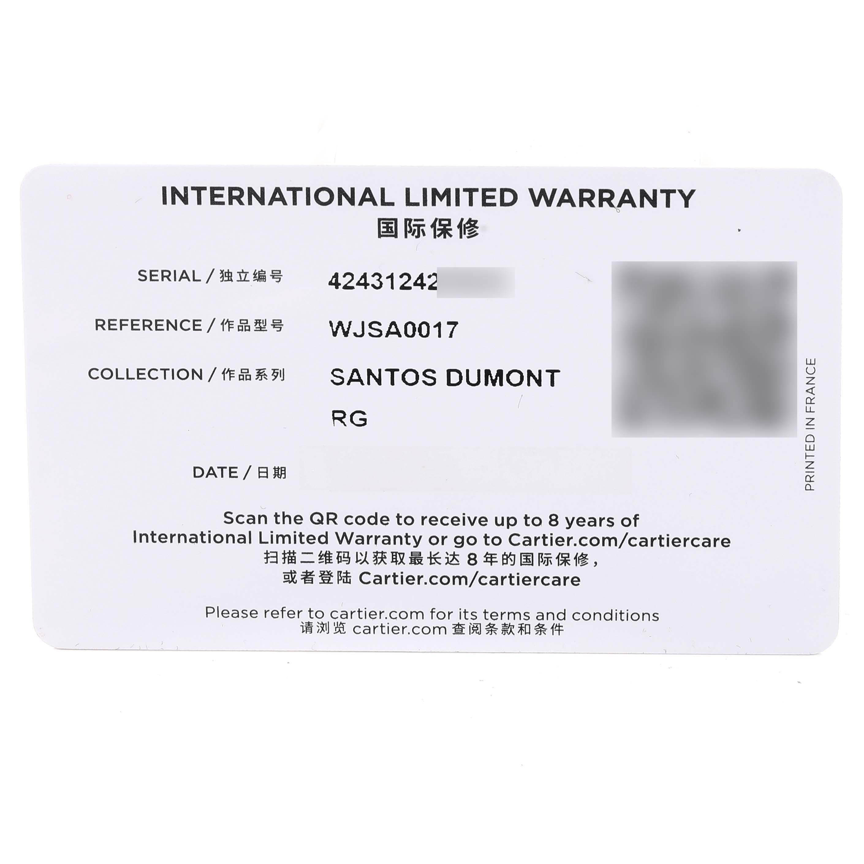 This image shows an international limited warranty card for a Cartier Santos WJSA0017 Women
s Rose Gold Silver Dial WJSA0017 Women
s Rose Gold Silver Dial Dumont model watch.