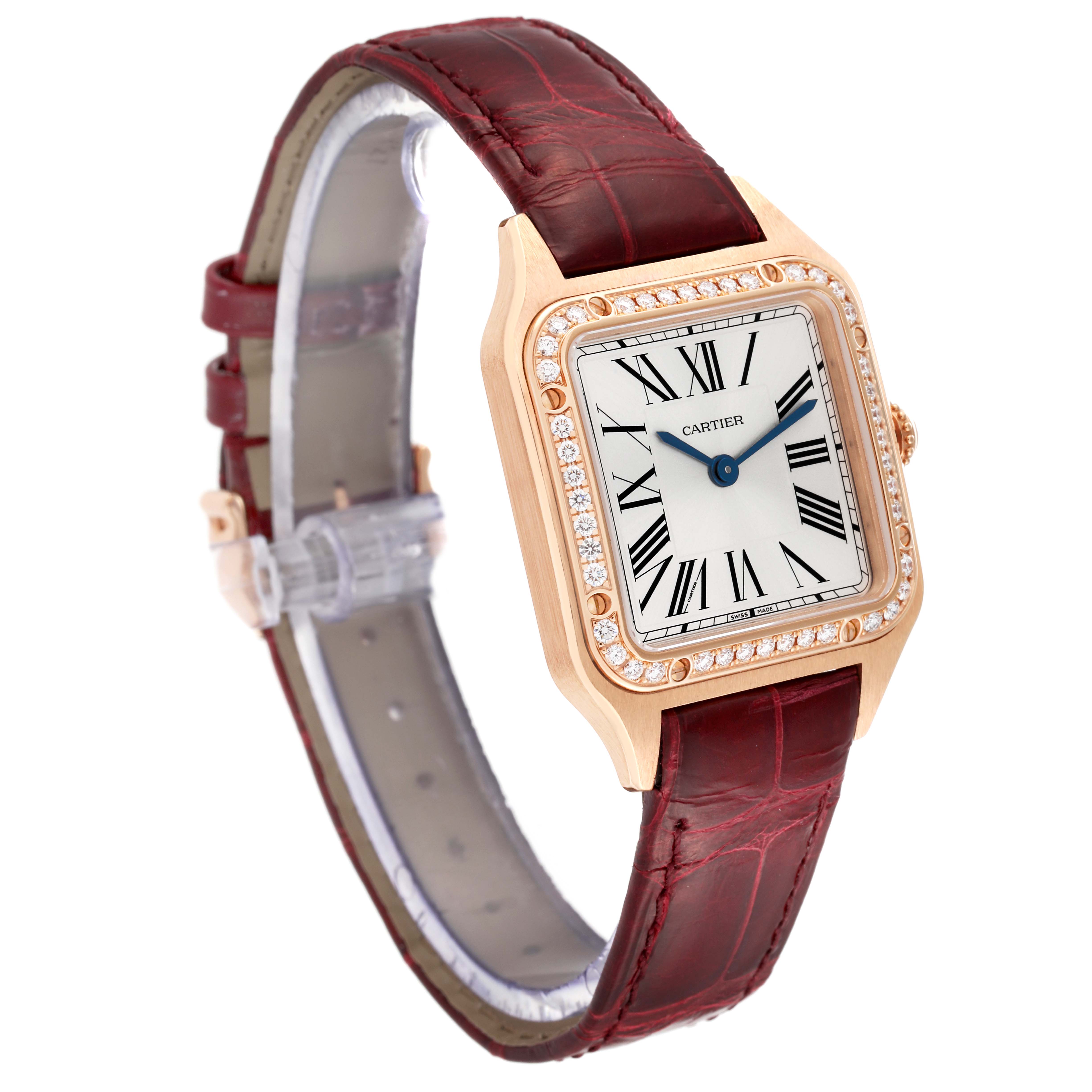 This image shows a Cartier Santos WJSA0017 Women
s Rose Gold Silver Dial WJSA0017 Women
s Rose Gold Silver Dial Dumont watch at a three-quarter angle, highlighting the dial, case, and leather strap.