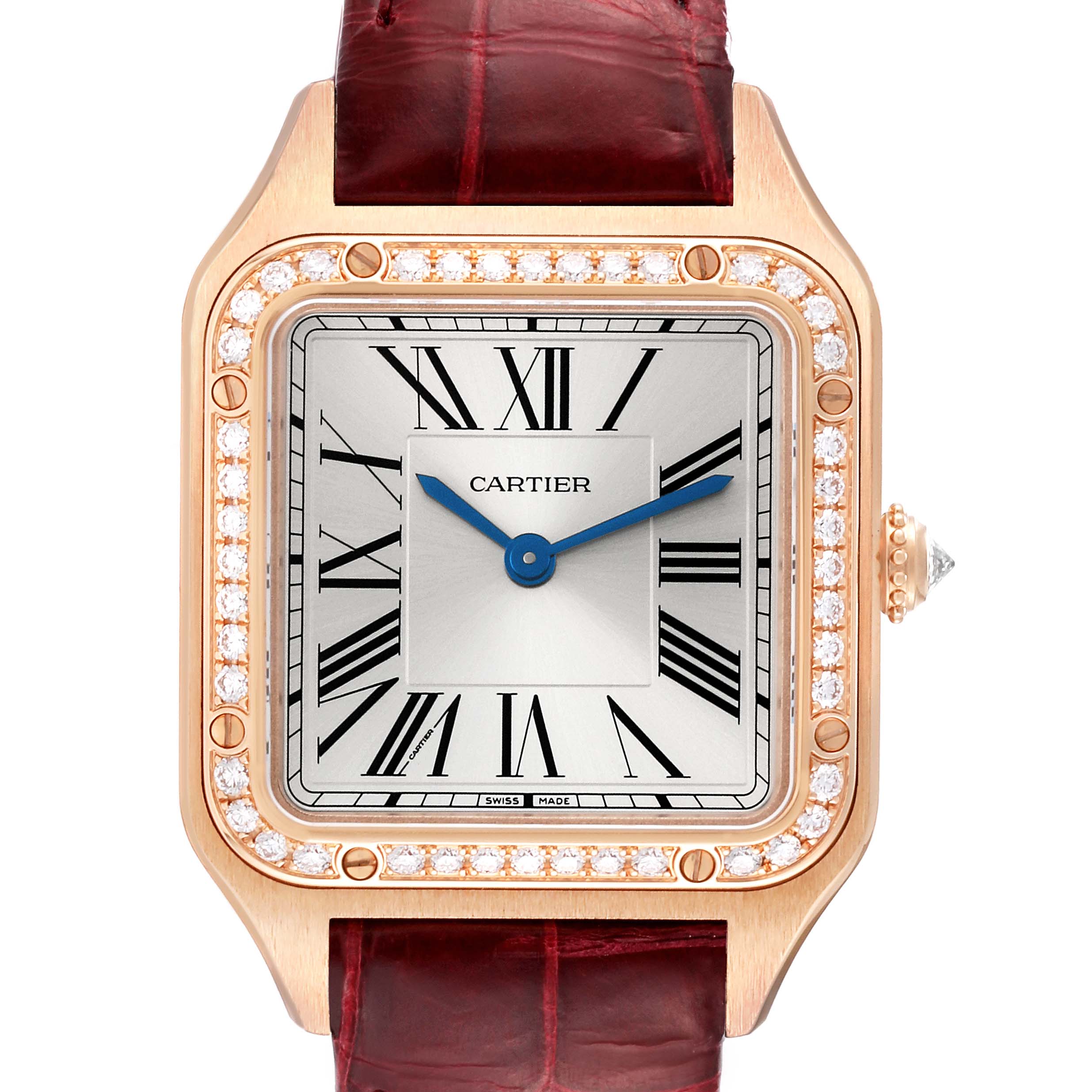 The Cartier Santos WJSA0017 Women
s Rose Gold Silver Dial WJSA0017 Women
s Rose Gold Silver Dial Dumont watch is shown from the front, highlighting its rectangular face, Roman numerals, and diamond-studded bezel.