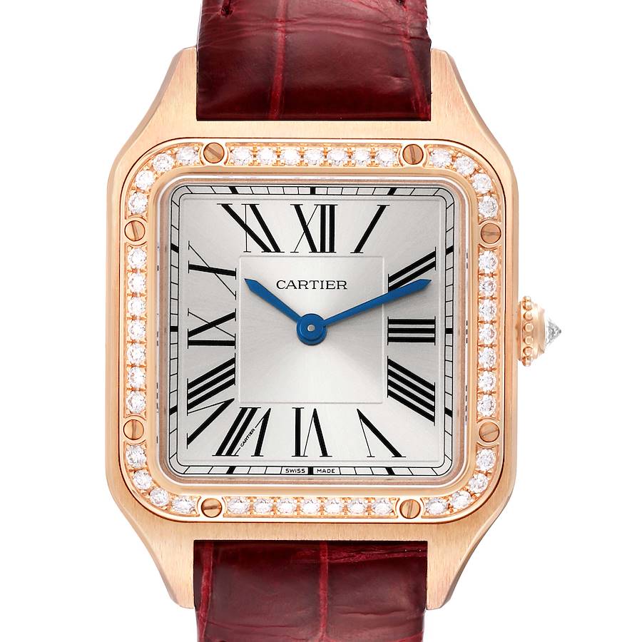 Cartier Santos Dumont Rose Diamond Bezel Ladies Watch WJSA0017 Box Card SwissWatchExpo