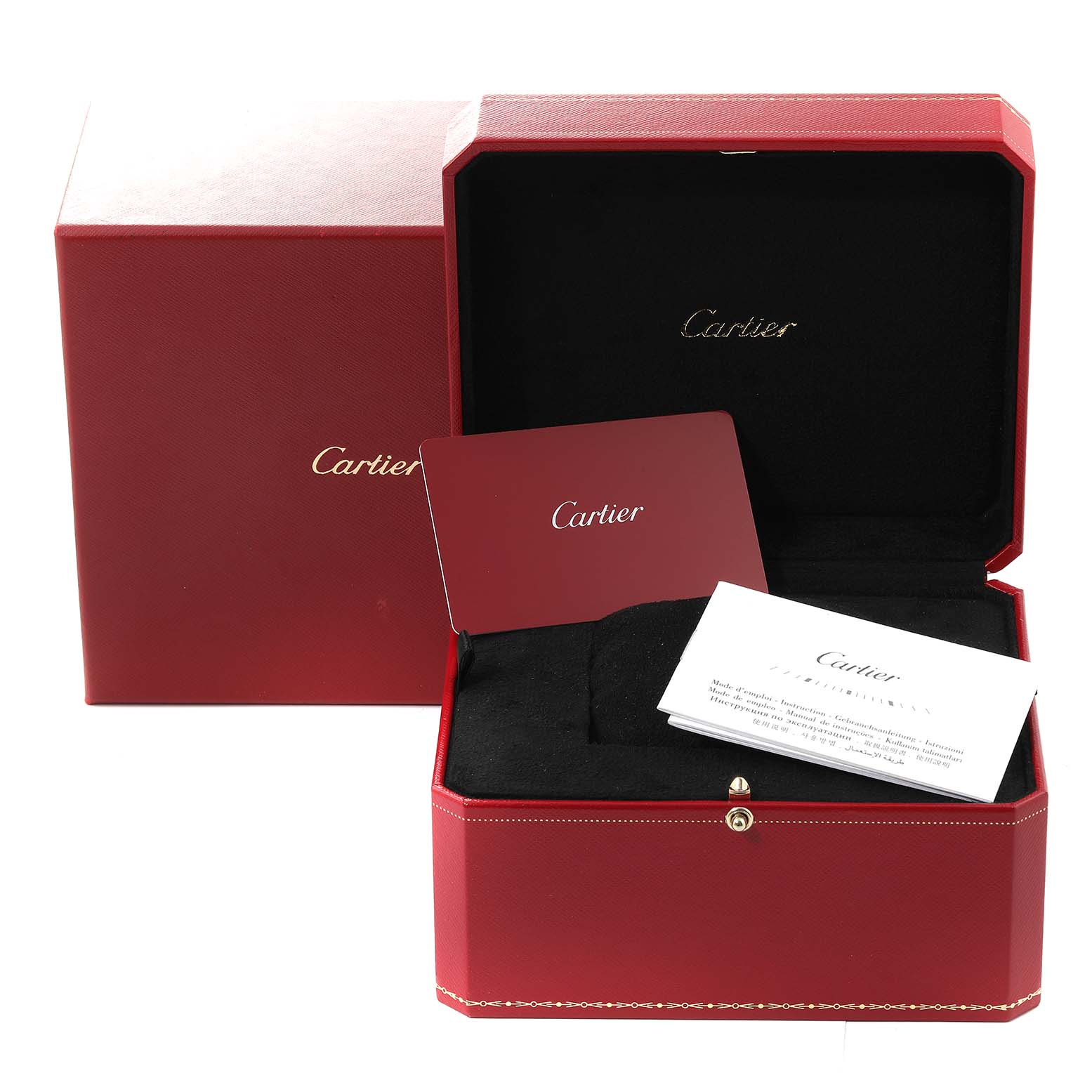 The image shows an open red Cartier box for the Santos Dumont model, displaying an inner compartment and associated documentation.