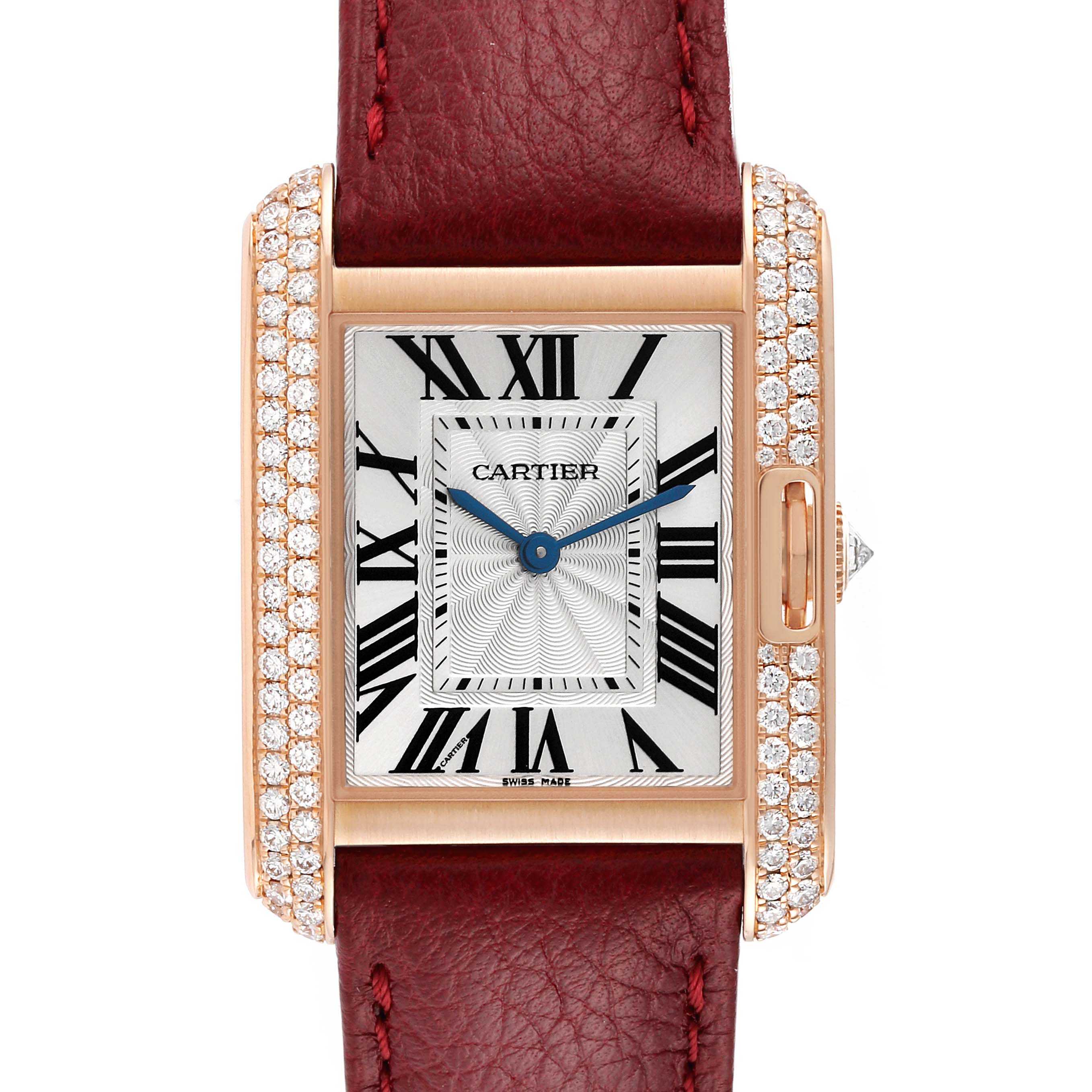 This is a front-view image of a Cartier Tank Anglaise WT100029 Women
s Rose Gold Silver Dial WT100029 Women
s Rose Gold Silver Dial watch with a maroon leather strap and diamond-encrusted edges.