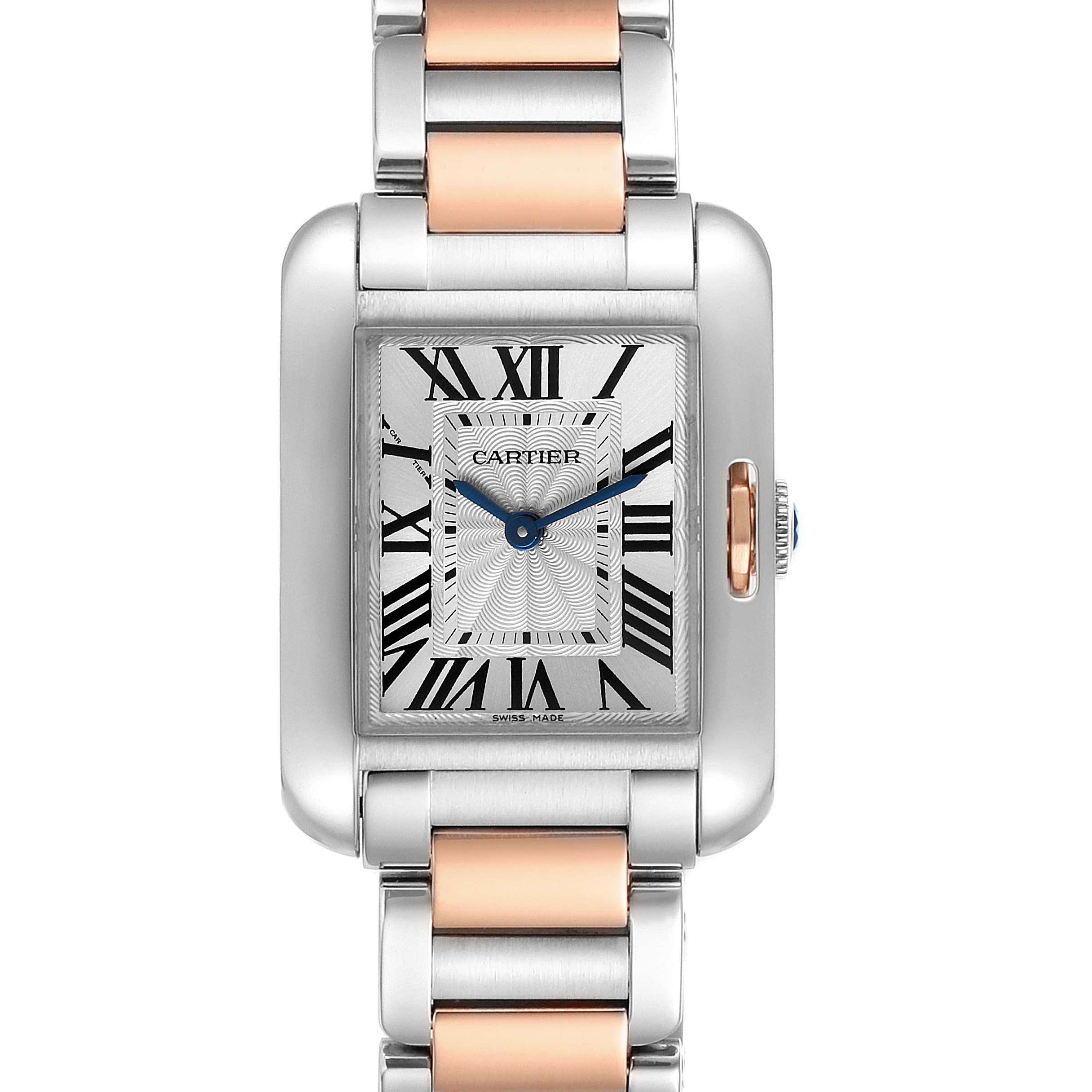 The Cartier Tank Anglaise W5310019 Women's Steel and Gold (two tone) Silver Dial W5310019 Women's Steel and Gold (two tone) Silver Dial watch is shown from a straight-on angle, displaying the face, bezel, and part of the two-tone bracelet.
