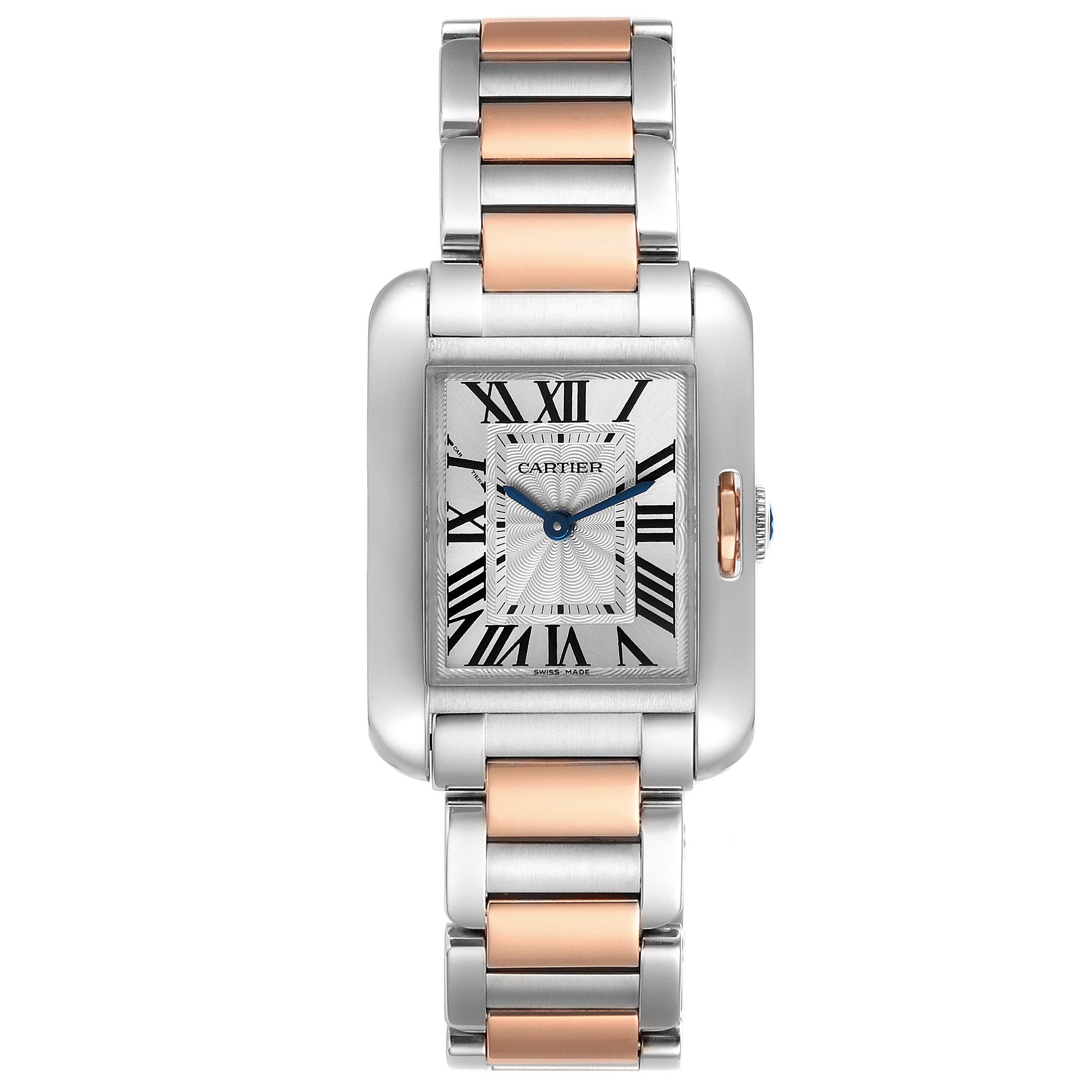 The image shows a front view of a Cartier Tank Anglaise W5310019 Women's Steel and Gold (two tone) Silver Dial W5310019 Women's Steel and Gold (two tone) Silver Dial model watch, highlighting its dual-tone bracelet and rectangular face.