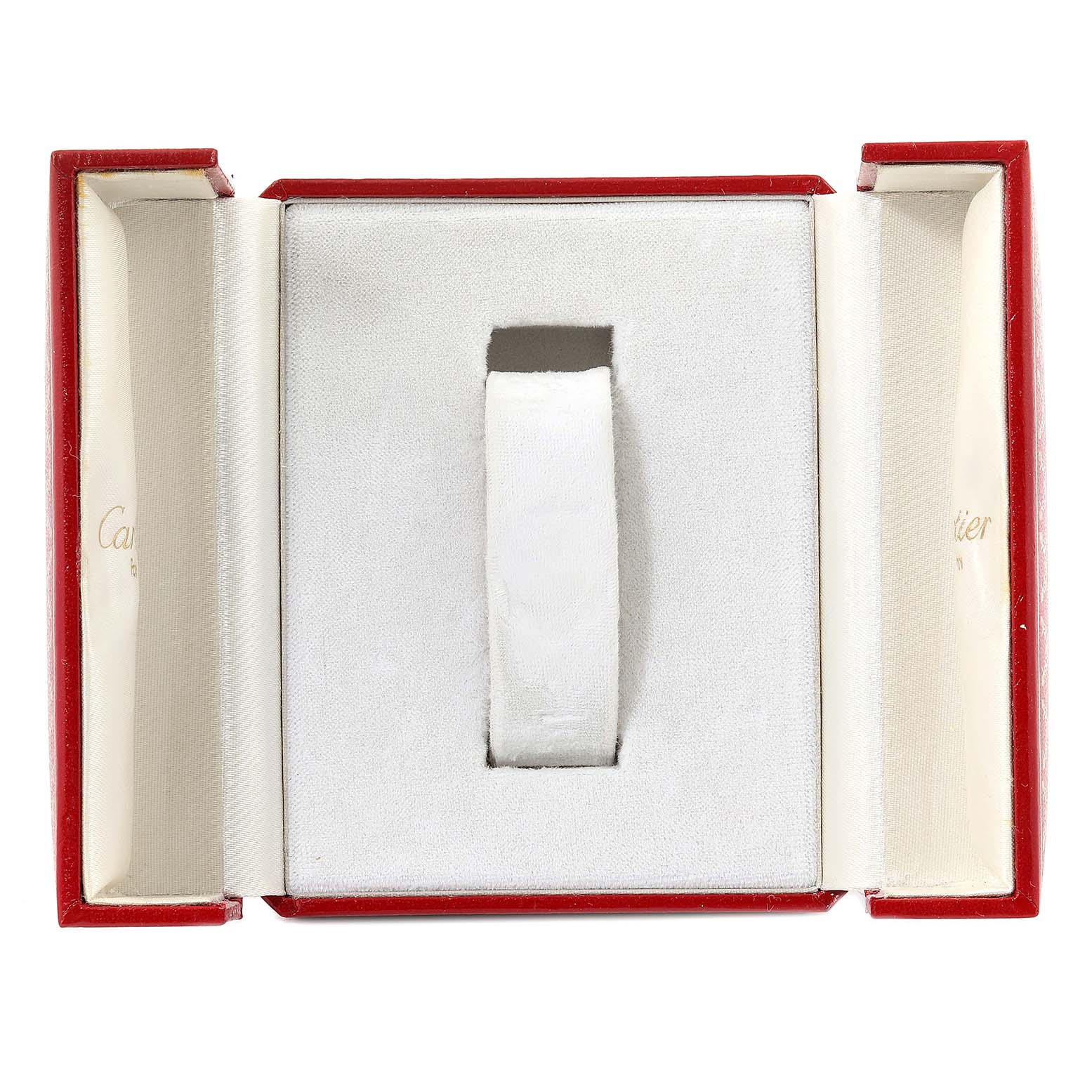 The image shows an open Cartier Tank Anglaise W5310019 Women's Steel and Gold (two tone) Silver Dial W5310019 Women's Steel and Gold (two tone) Silver Dial watch box, viewed from the top, without a watch inside.