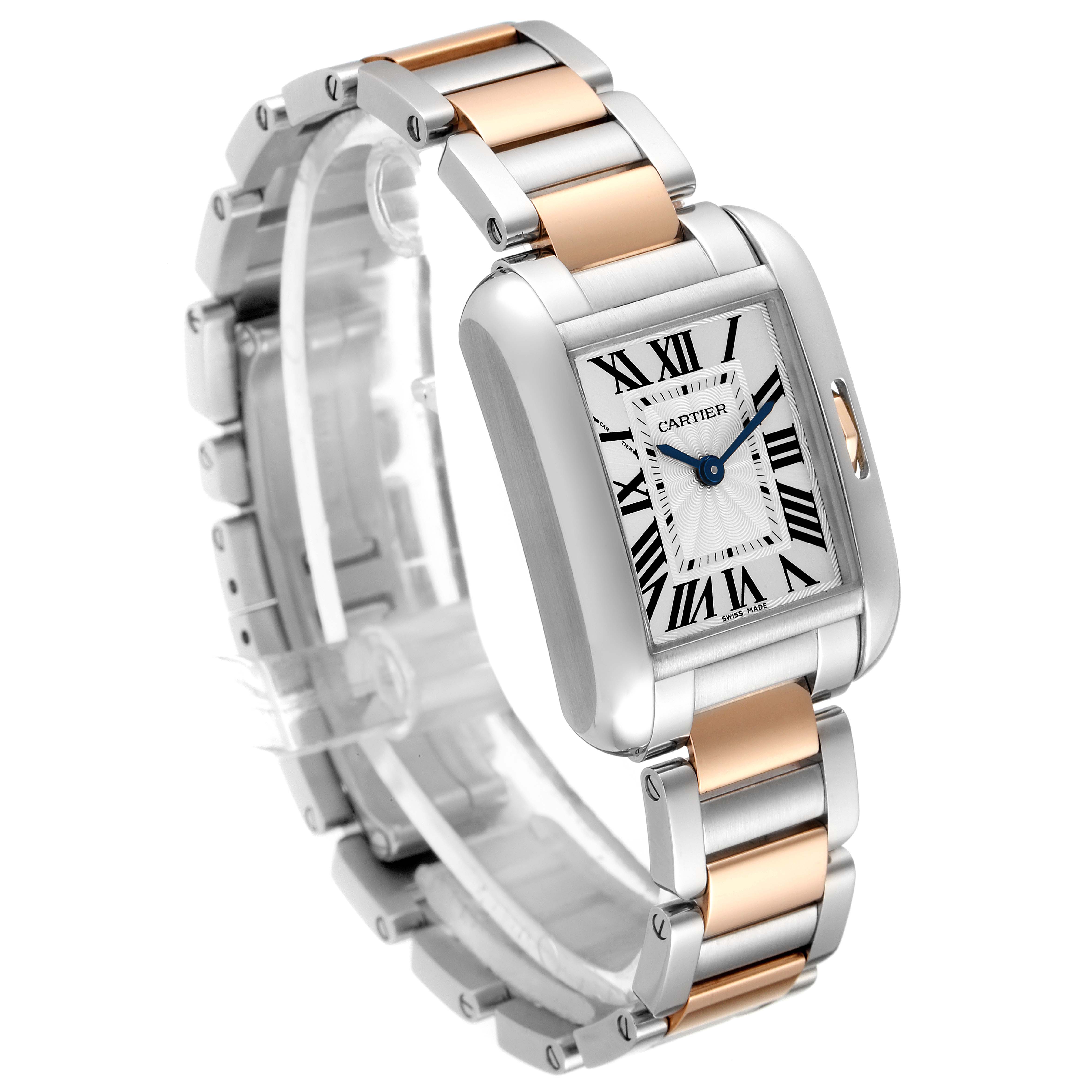 The image displays a Cartier Tank Anglaise W5310019 Women's Steel and Gold (two tone) Silver Dial W5310019 Women's Steel and Gold (two tone) Silver Dial watch, viewed at an angle showcasing its face, band, and part of the side.