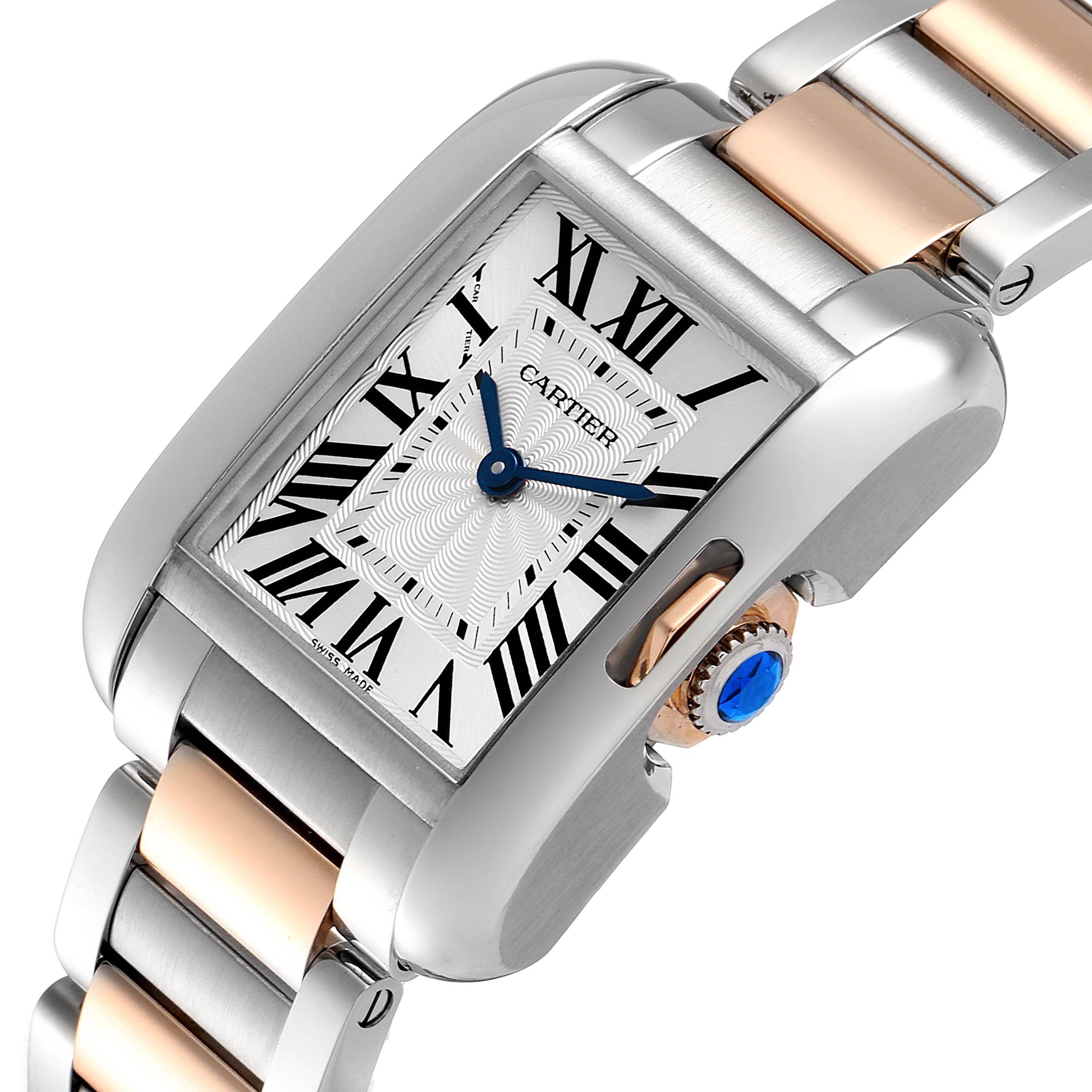 This image shows a close-up angled view of the Cartier Tank Anglaise W5310019 Women's Steel and Gold (two tone) Silver Dial W5310019 Women's Steel and Gold (two tone) Silver Dial watch, highlighting its dial, crown, and part of the bracelet.