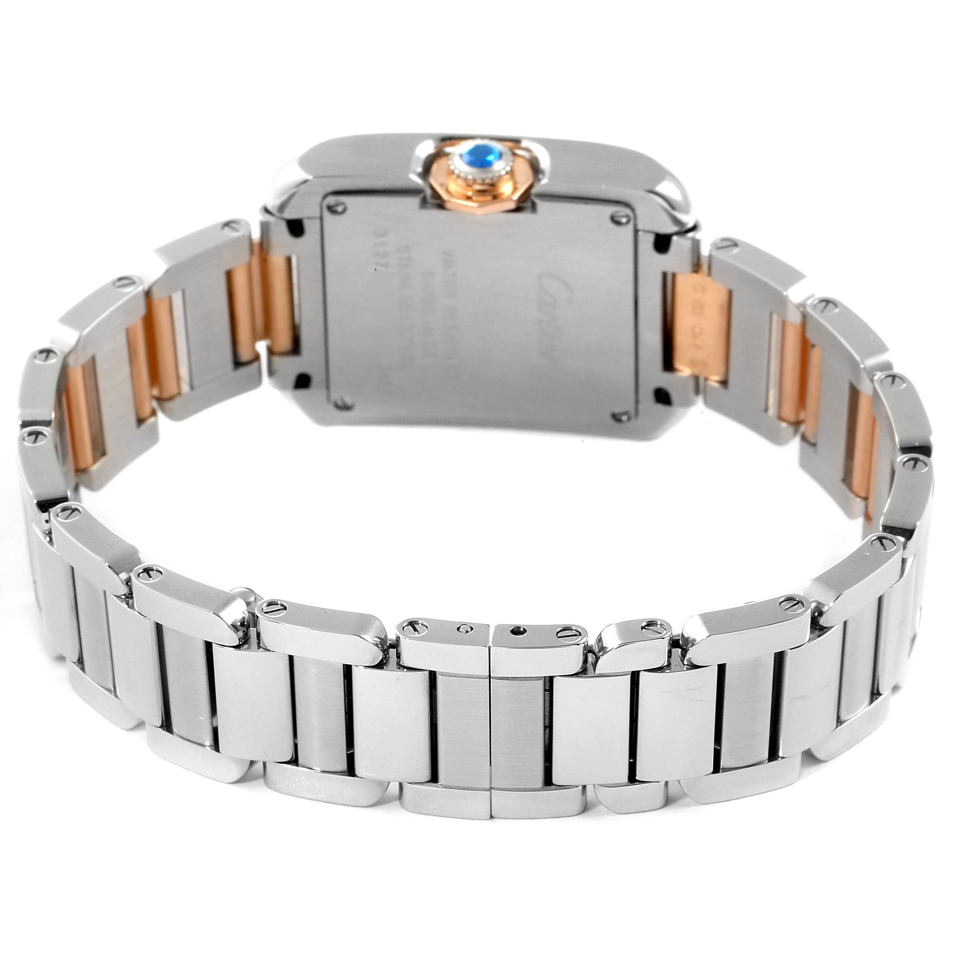 The image shows the back view of a Cartier Tank Anglaise W5310019 Women's Steel and Gold (two tone) Silver Dial W5310019 Women's Steel and Gold (two tone) Silver Dial watch, highlighting its caseback and metal bracelet.