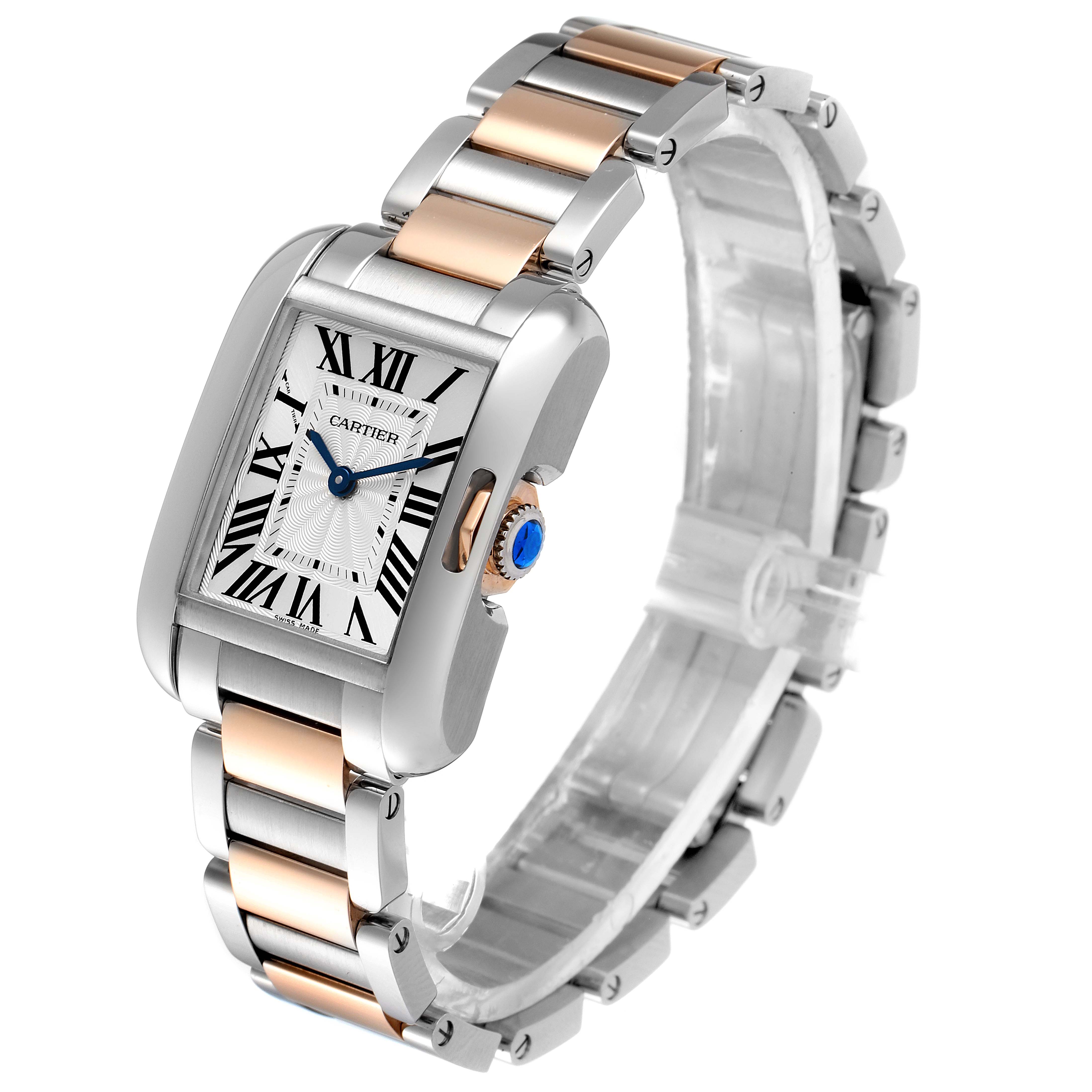 The Cartier Tank Anglaise W5310019 Women's Steel and Gold (two tone) Silver Dial W5310019 Women's Steel and Gold (two tone) Silver Dial watch is shown at an angle highlighting the face, crown, and bracelet.