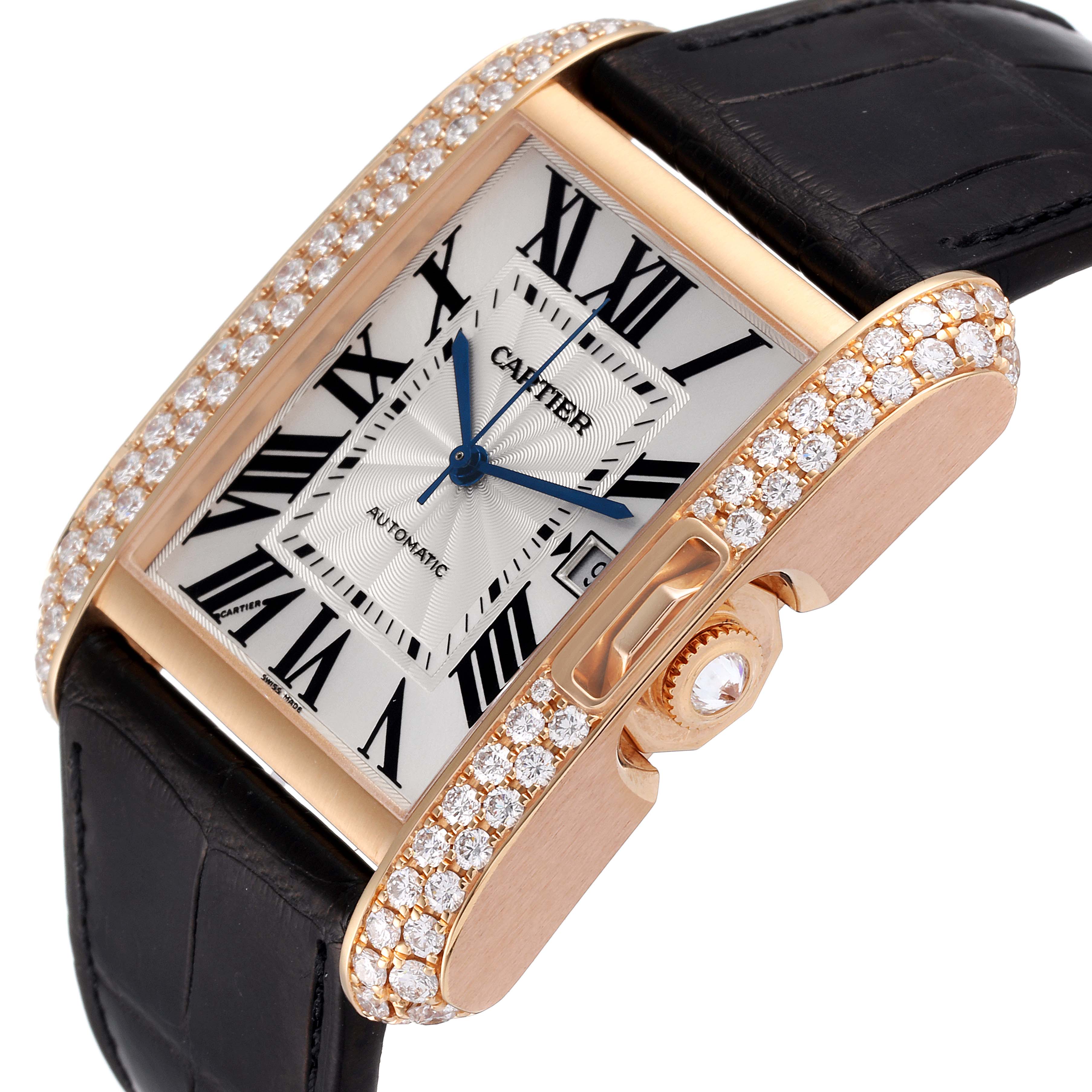 This image shows a Cartier Tank Anglaise WT100021 Men's Rose Gold Silver Dial WT100021 Men's Rose Gold Silver Dial watch at a close-up, angled view, highlighting its face, crown, and diamond-set bezel.