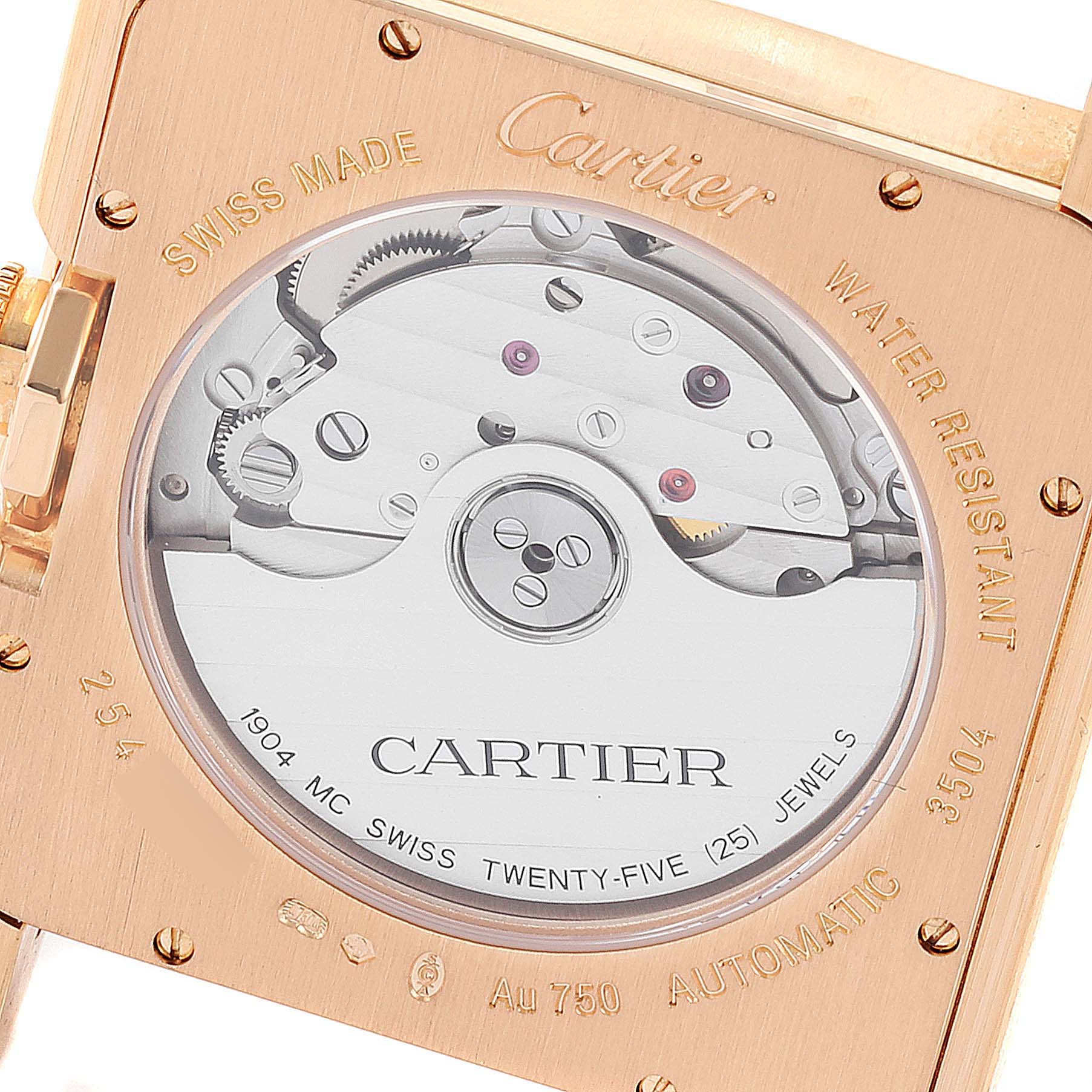 The image shows the back view of a Cartier Tank Anglaise WT100021 Men's Rose Gold Silver Dial WT100021 Men's Rose Gold Silver Dial watch, revealing its automatic movement and inscriptions.