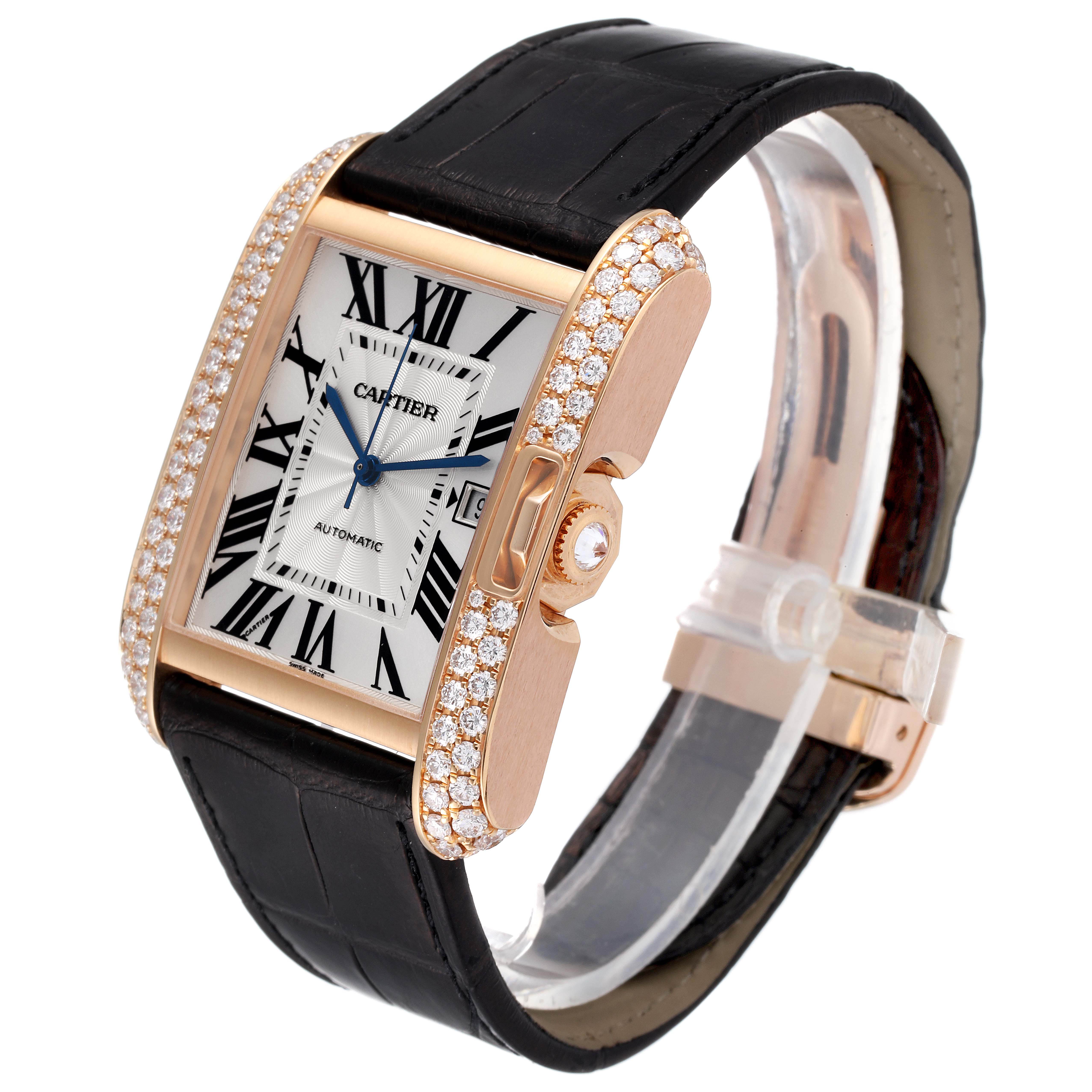 The image shows a Cartier Tank Anglaise WT100021 Men's Rose Gold Silver Dial WT100021 Men's Rose Gold Silver Dial watch at an oblique angle, highlighting its diamond-studded case and black strap.