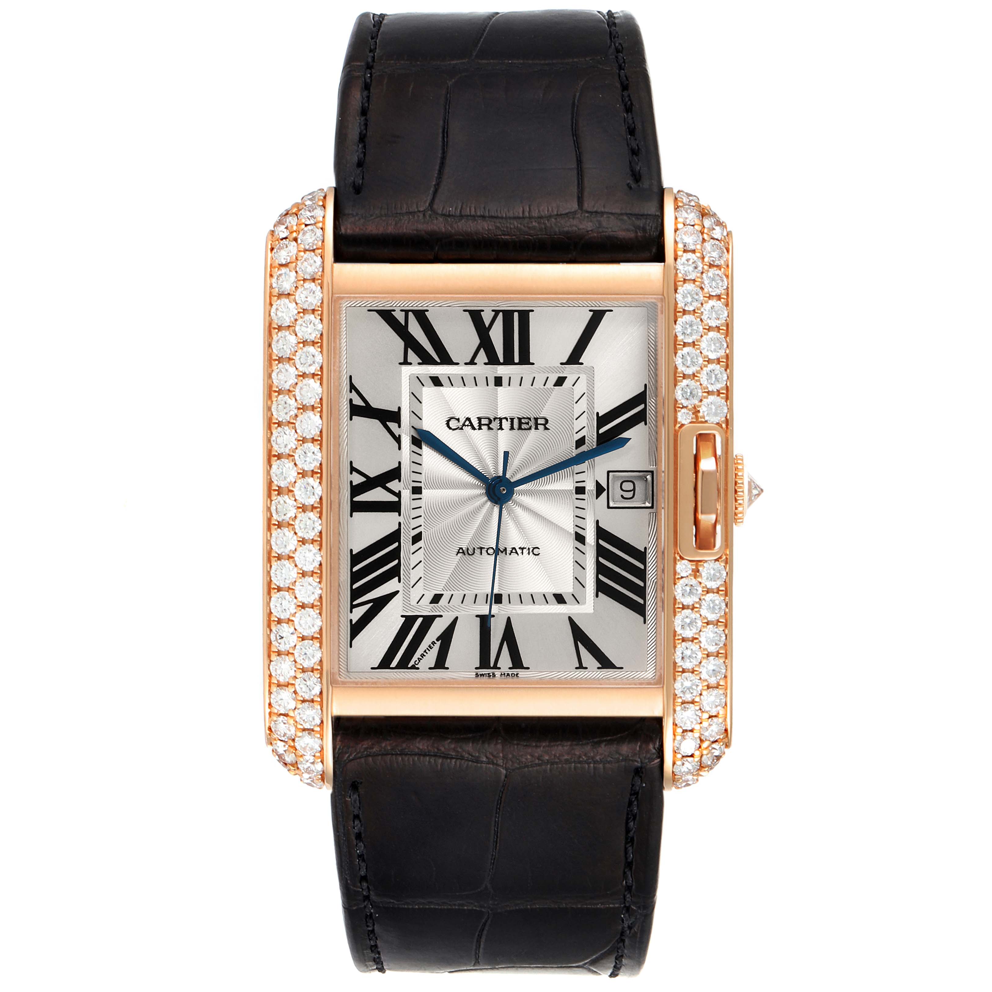 This Cartier Tank Anglaise WT100021 Men's Rose Gold Silver Dial WT100021 Men's Rose Gold Silver Dial watch is shown from a front angle, displaying its face, strap, and diamond accents.