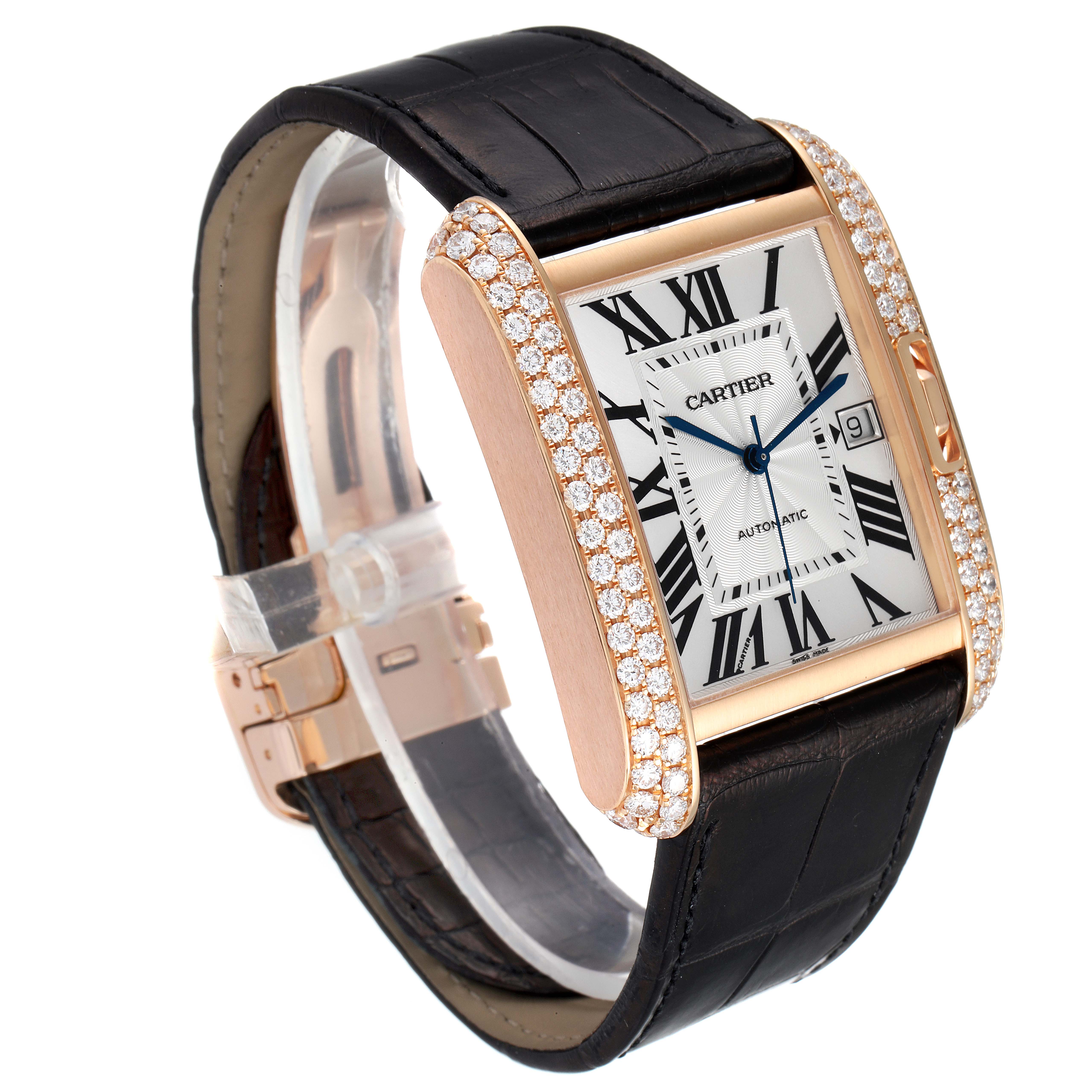 This image shows a Cartier Tank Anglaise WT100021 Men's Rose Gold Silver Dial WT100021 Men's Rose Gold Silver Dial watch from a slightly tilted angle, showcasing its face, band, and diamond-studded bezel.