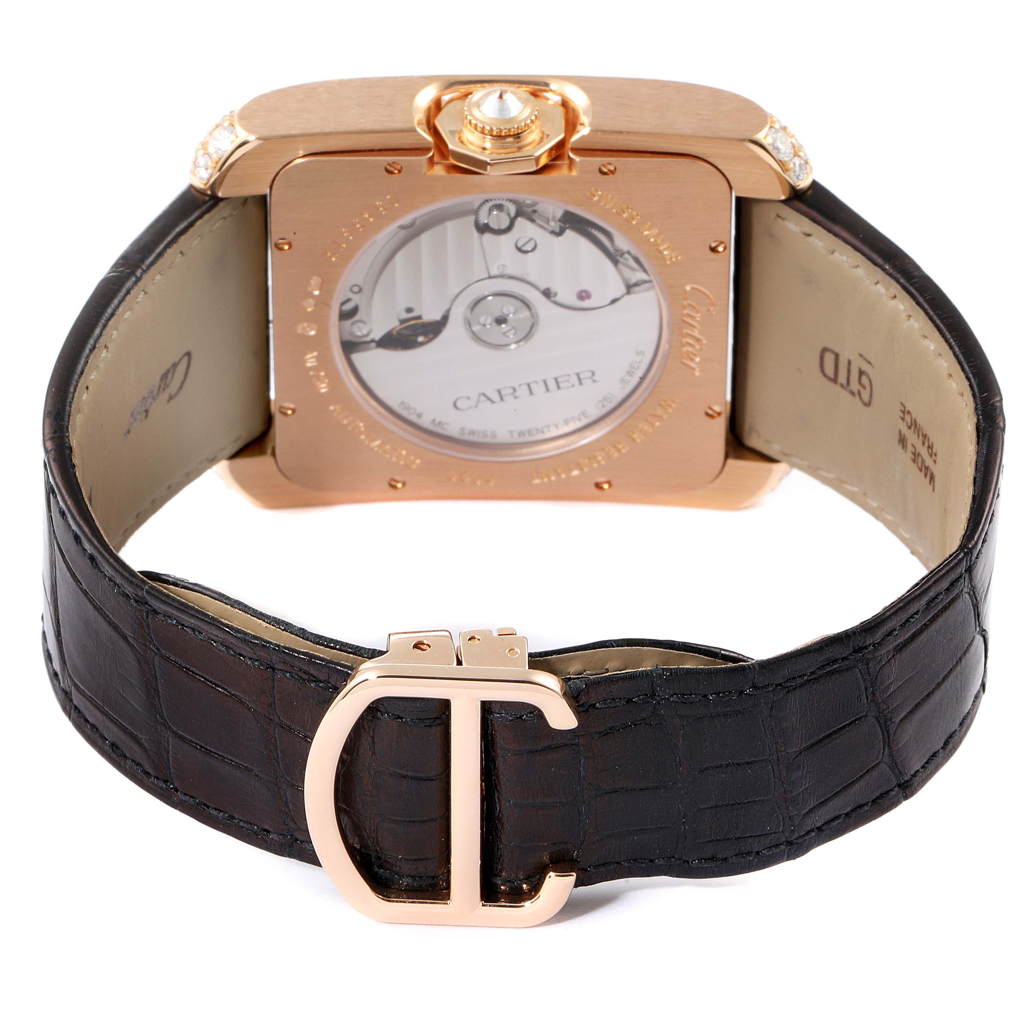 This image shows the back and strap of the Cartier Tank Anglaise WT100021 Men's Rose Gold Silver Dial WT100021 Men's Rose Gold Silver Dial watch, highlighting the mechanical movement and clasp.