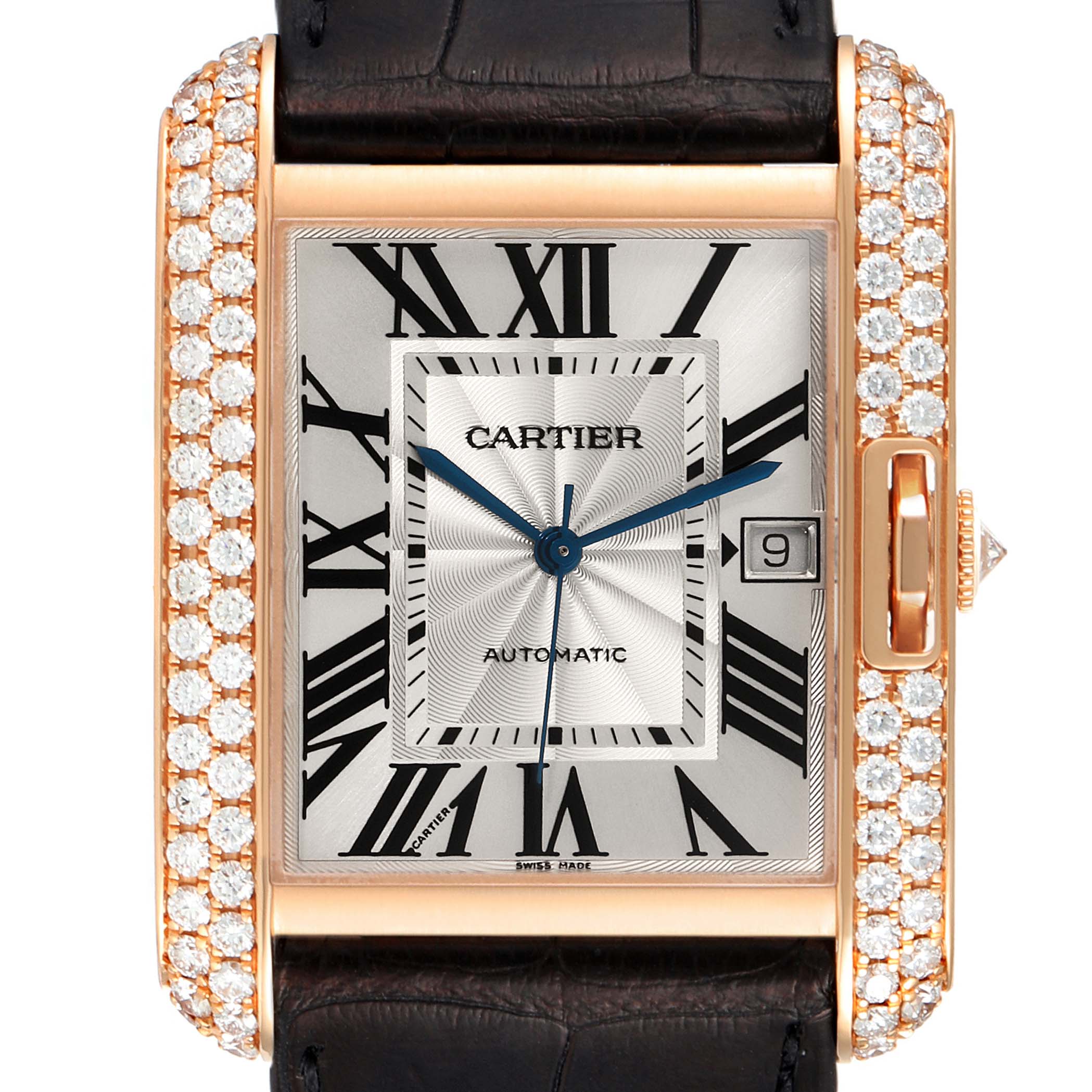 This image shows a close-up, front view of the Cartier Tank Anglaise WT100021 Men's Rose Gold Silver Dial WT100021 Men's Rose Gold Silver Dial watch face and parts of the strap.