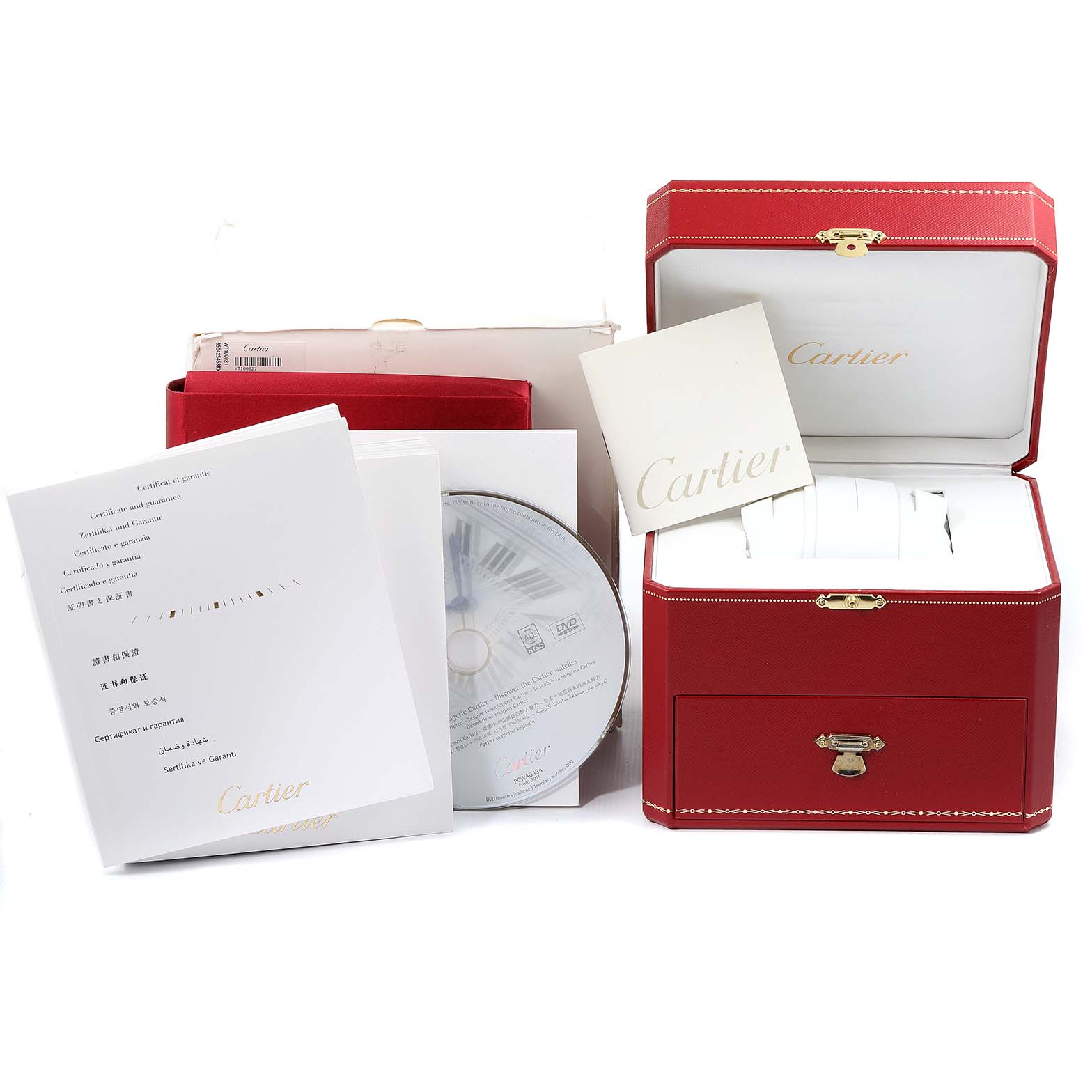 The image shows the packaging, user manual, certificate, and a red Cartier box for the Tank Anglaise model.