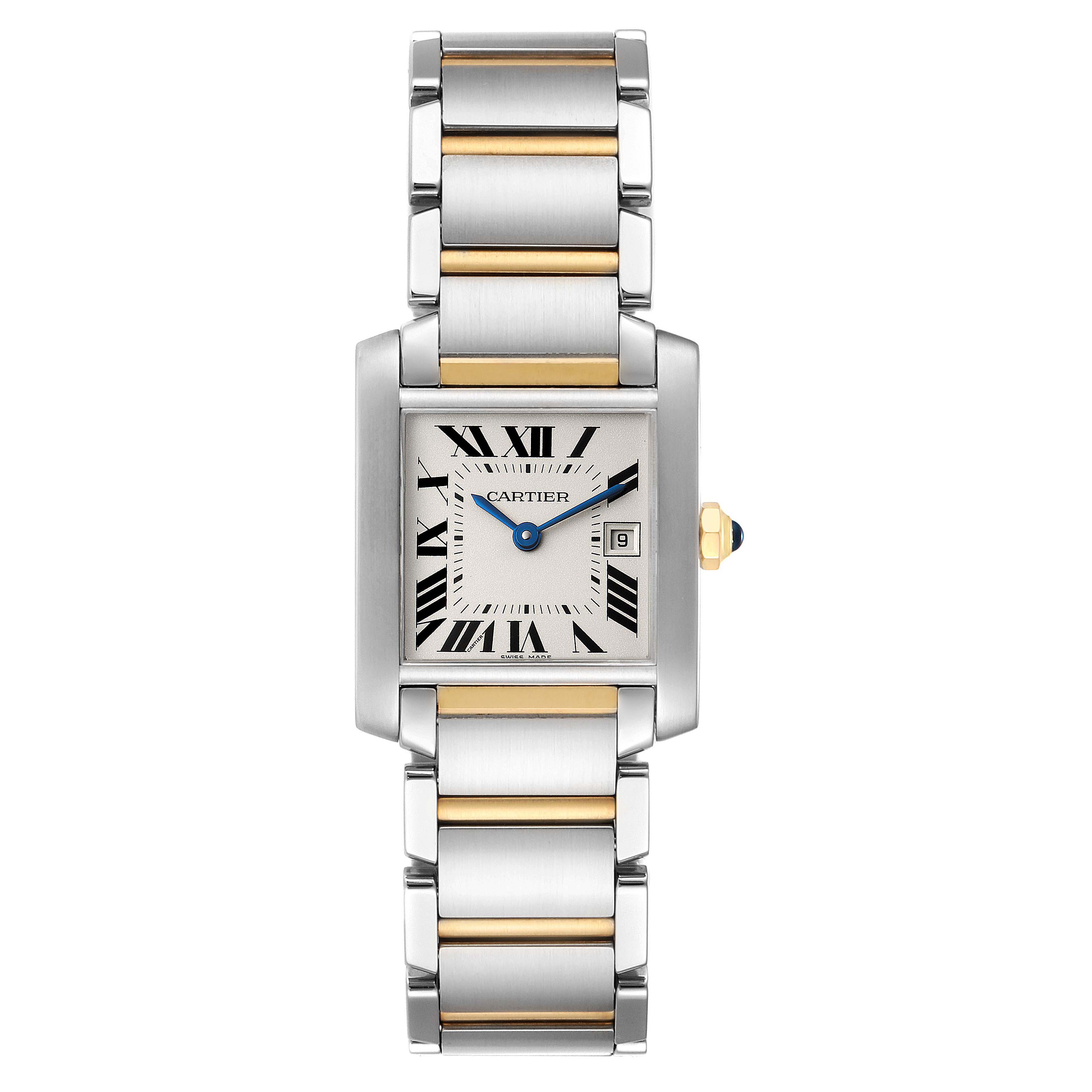 The image shows a front view of the Cartier Tank Française watch, highlighting its rectangular face, bracelet, and dial details.