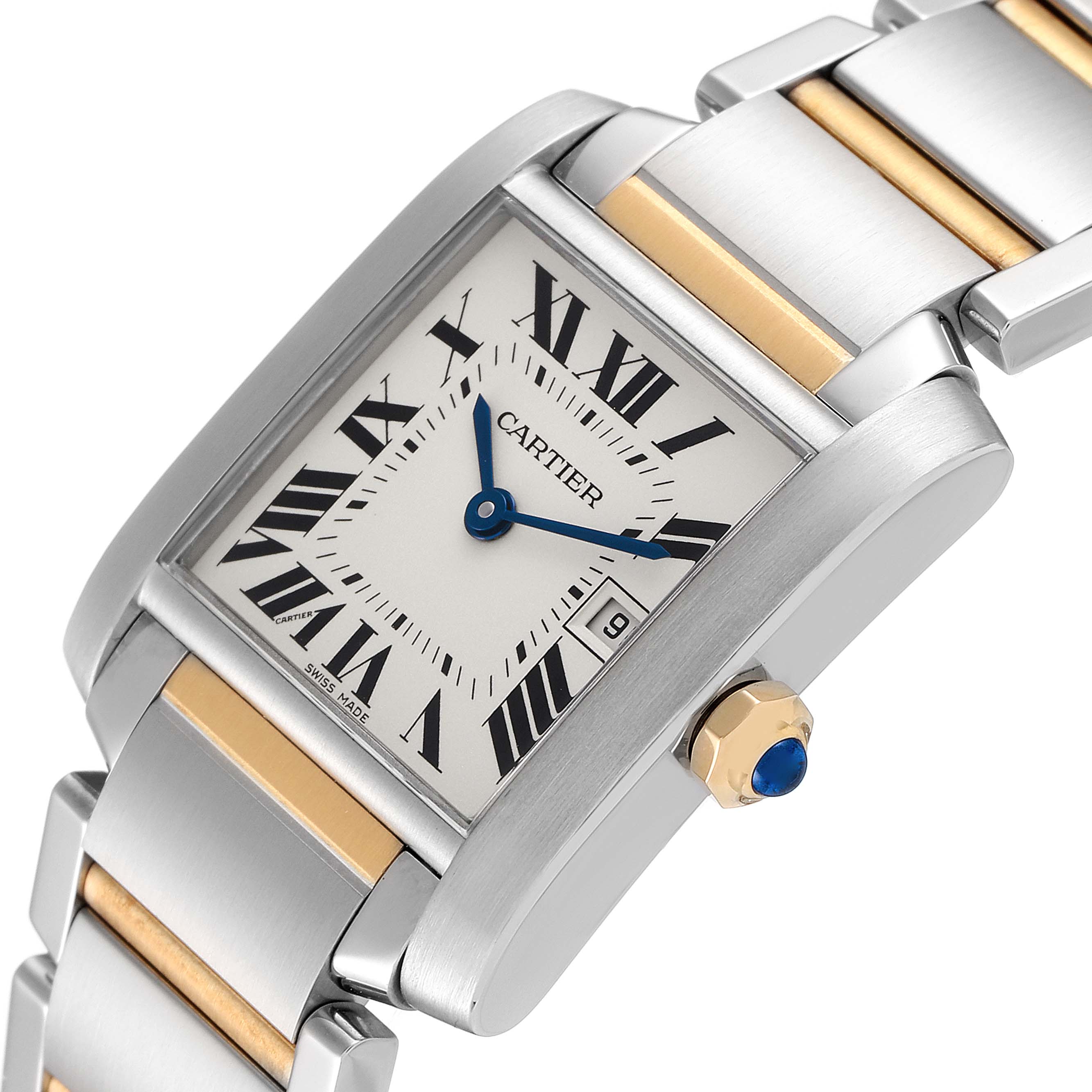 This image shows a close-up angle of the Cartier Tank Francaise W51012Q4 Women's Steel and Gold (two tone) Silver Dial W51012Q4 Women's Steel and Gold (two tone) Silver Dial watch, highlighting the face, crown, and part of the bracelet.