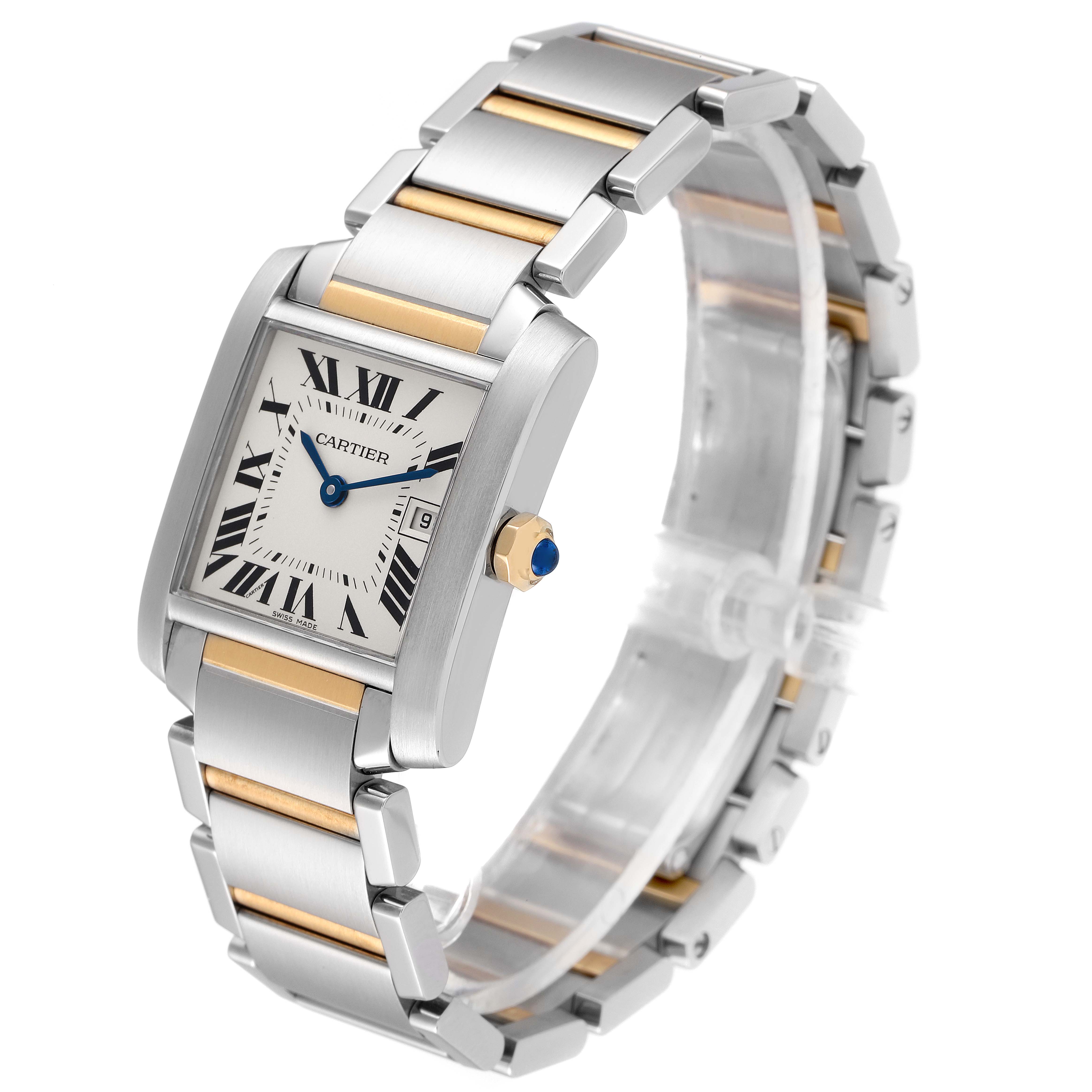 The image shows a side-angle view of the Cartier Tank Francaise W51012Q4 Women's Steel and Gold (two tone) Silver Dial W51012Q4 Women's Steel and Gold (two tone) Silver Dial watch, highlighting its rectangular face and two-tone metal bracelet.