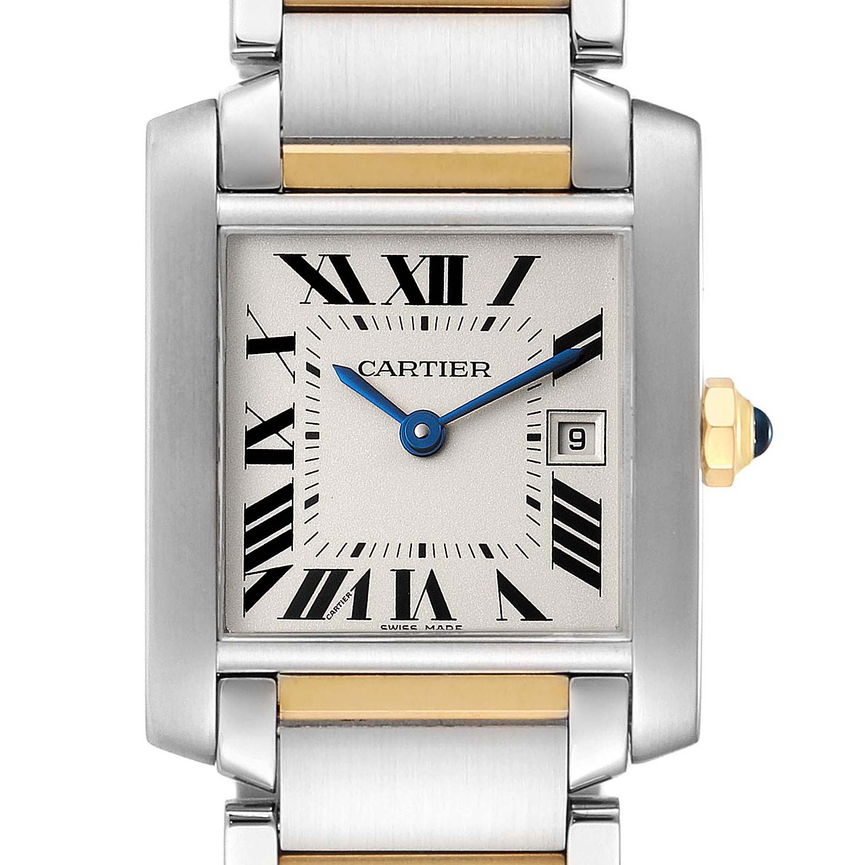 This image shows a front view of the dial and part of the bracelet of a Cartier Tank Française watch.