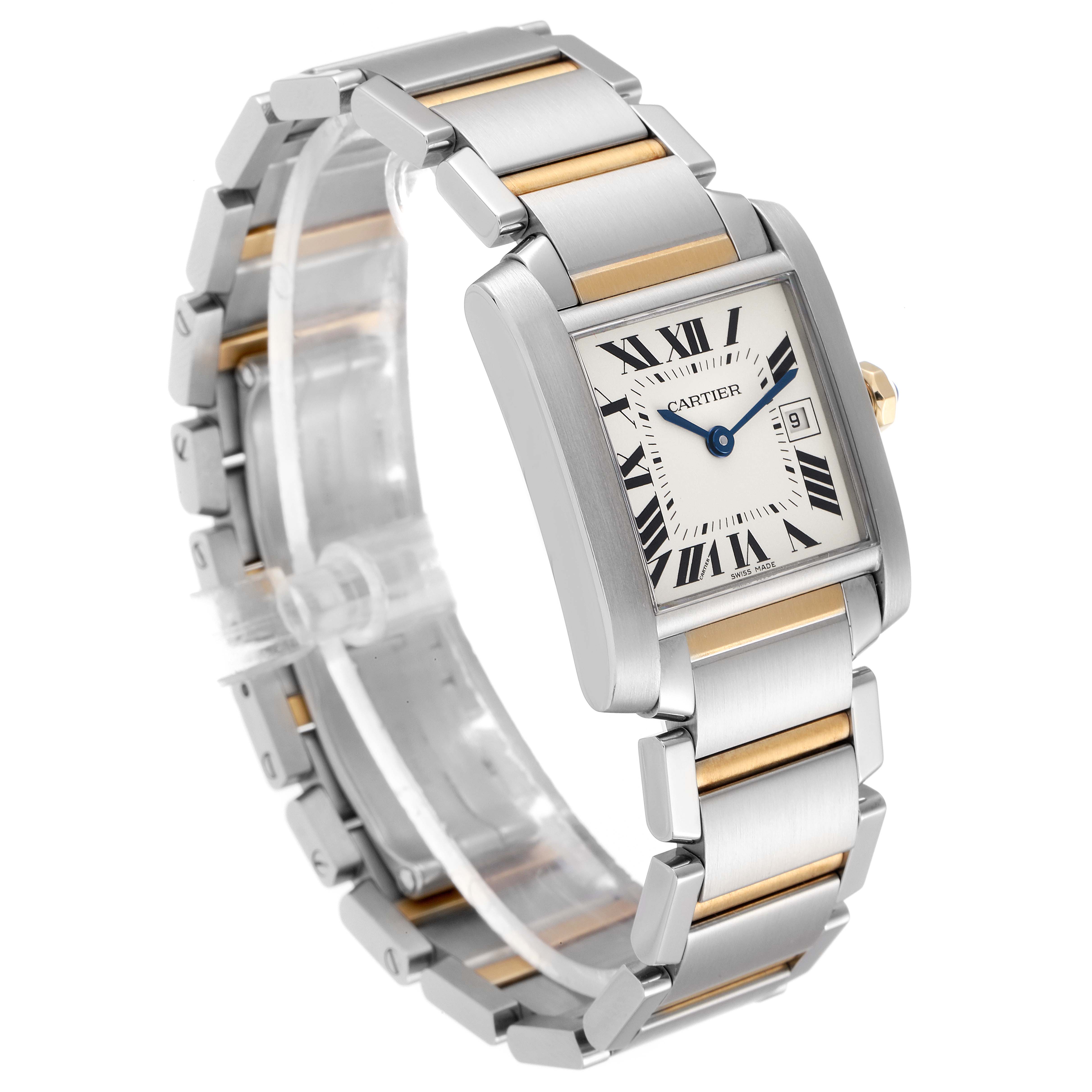 The image shows a three-quarter angle view of the Cartier Tank Française watch, highlighting its face, bracelet, and side profile.