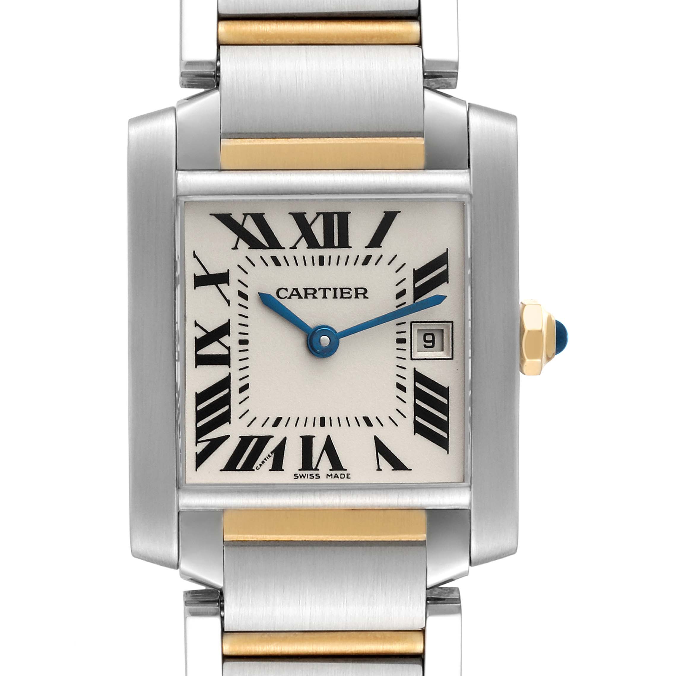 This image shows the Cartier Tank Francaise W51012Q4 Women
s Steel and Gold (two tone) Silver Dial W51012Q4 Women
s Steel and Gold (two tone) Silver Dial watch face and part of the bracelet, viewed from the front.