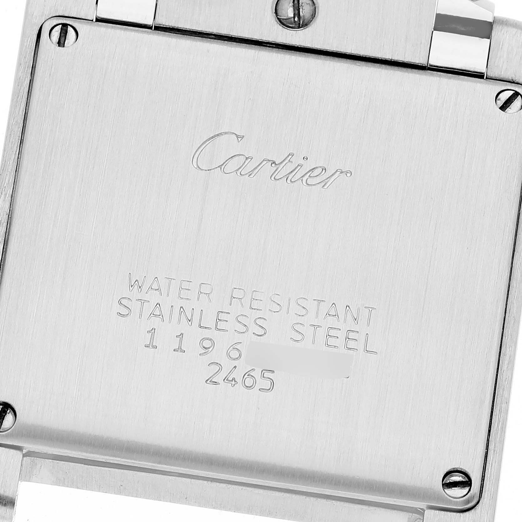 This is the back case view of the Cartier Tank Francaise W51012Q4 Women
s Steel and Gold (two tone) Silver Dial W51012Q4 Women
s Steel and Gold (two tone) Silver Dial watch, showing its water resistance and stainless steel details.