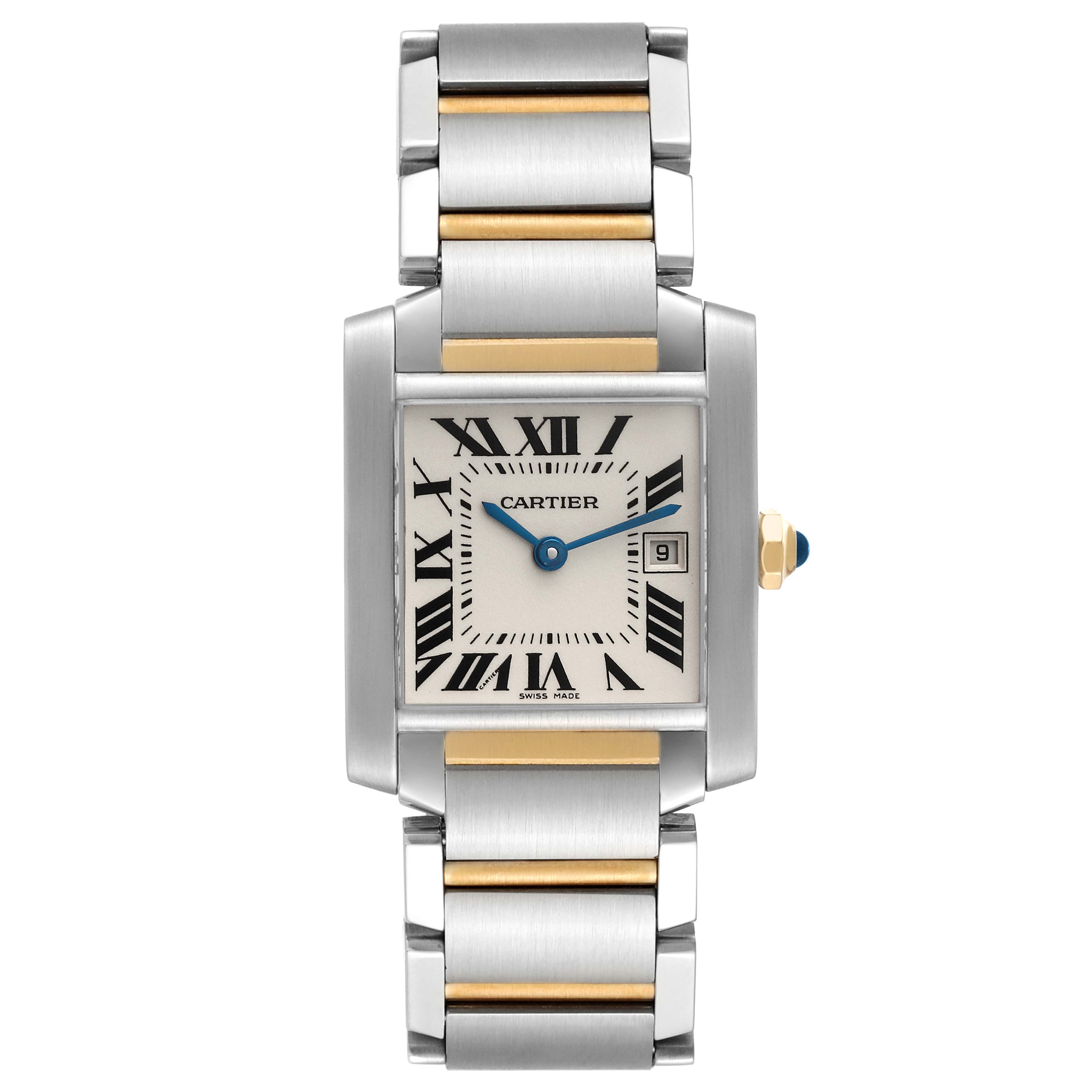 This image shows a Tank Française model by Cartier, featuring a stainless steel and gold bracelet, roman numeral dial, and blue hands.
