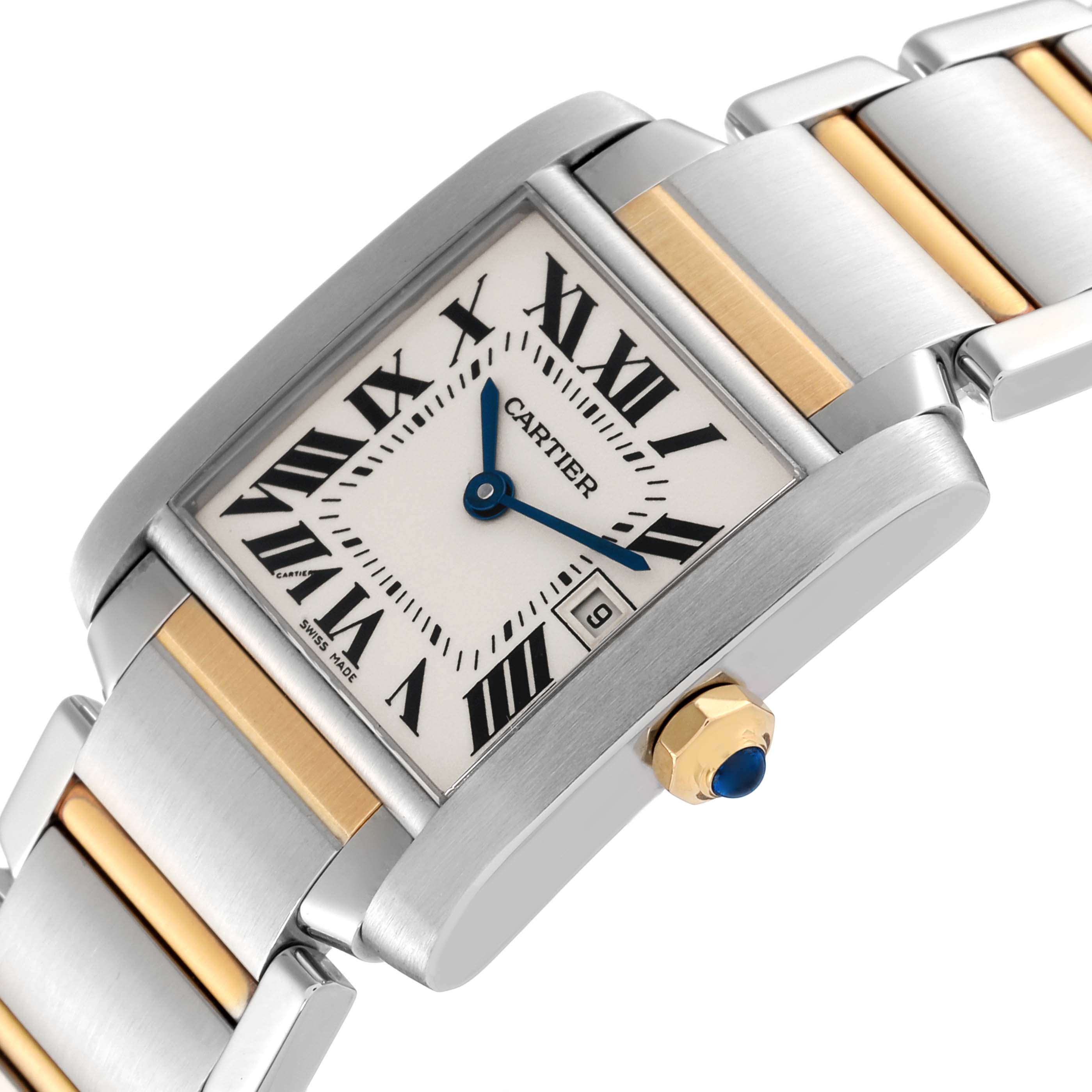 The image shows a close-up angled view of a Cartier Tank Francaise W51012Q4 Women
s Steel and Gold (two tone) Silver Dial W51012Q4 Women
s Steel and Gold (two tone) Silver Dial watch highlighting the face, crown, and part of the bracelet.
