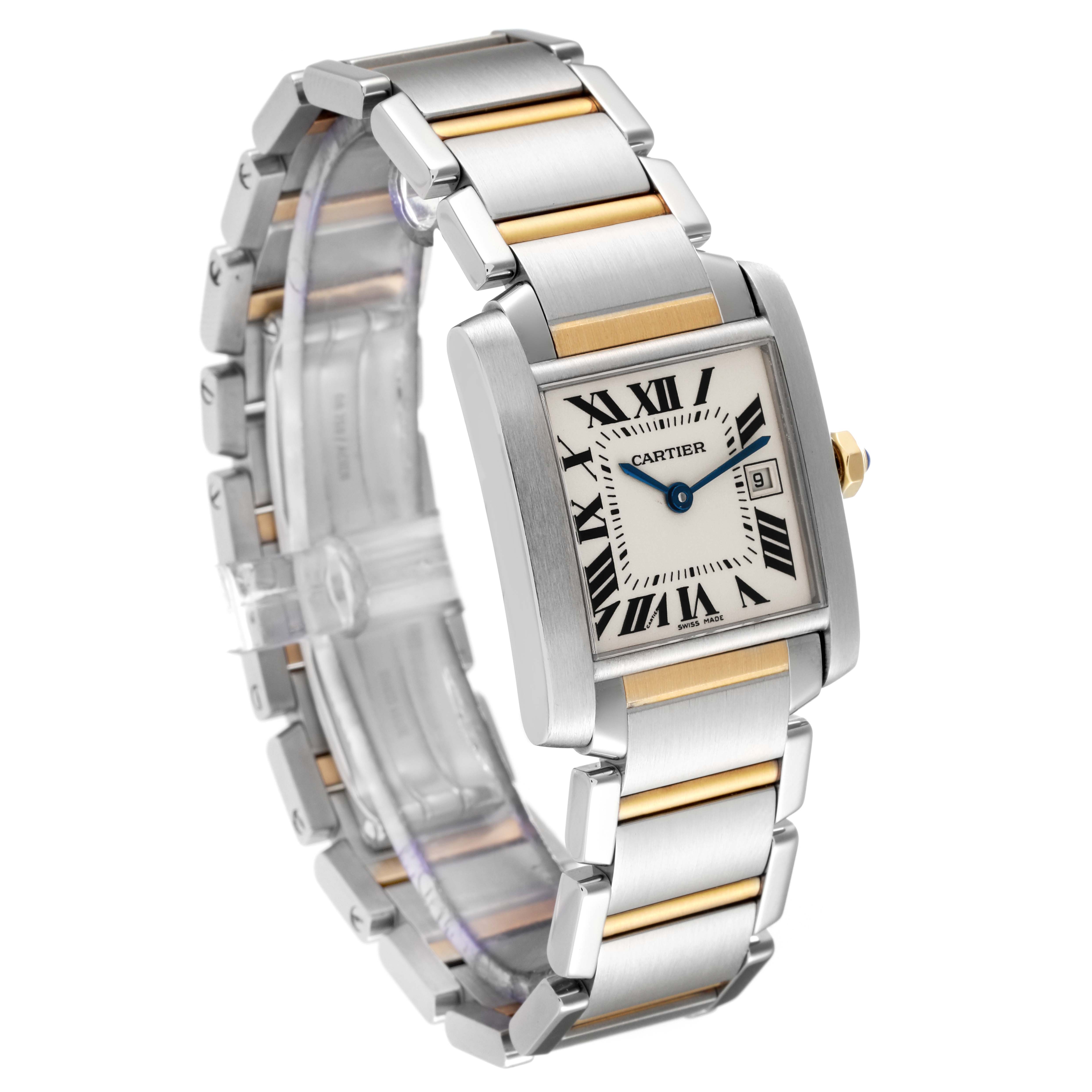 The Cartier Tank Francaise W51012Q4 Women
s Steel and Gold (two tone) Silver Dial W51012Q4 Women
s Steel and Gold (two tone) Silver Dial watch is shown from an angled view, displaying its face, strap, and clasp details.