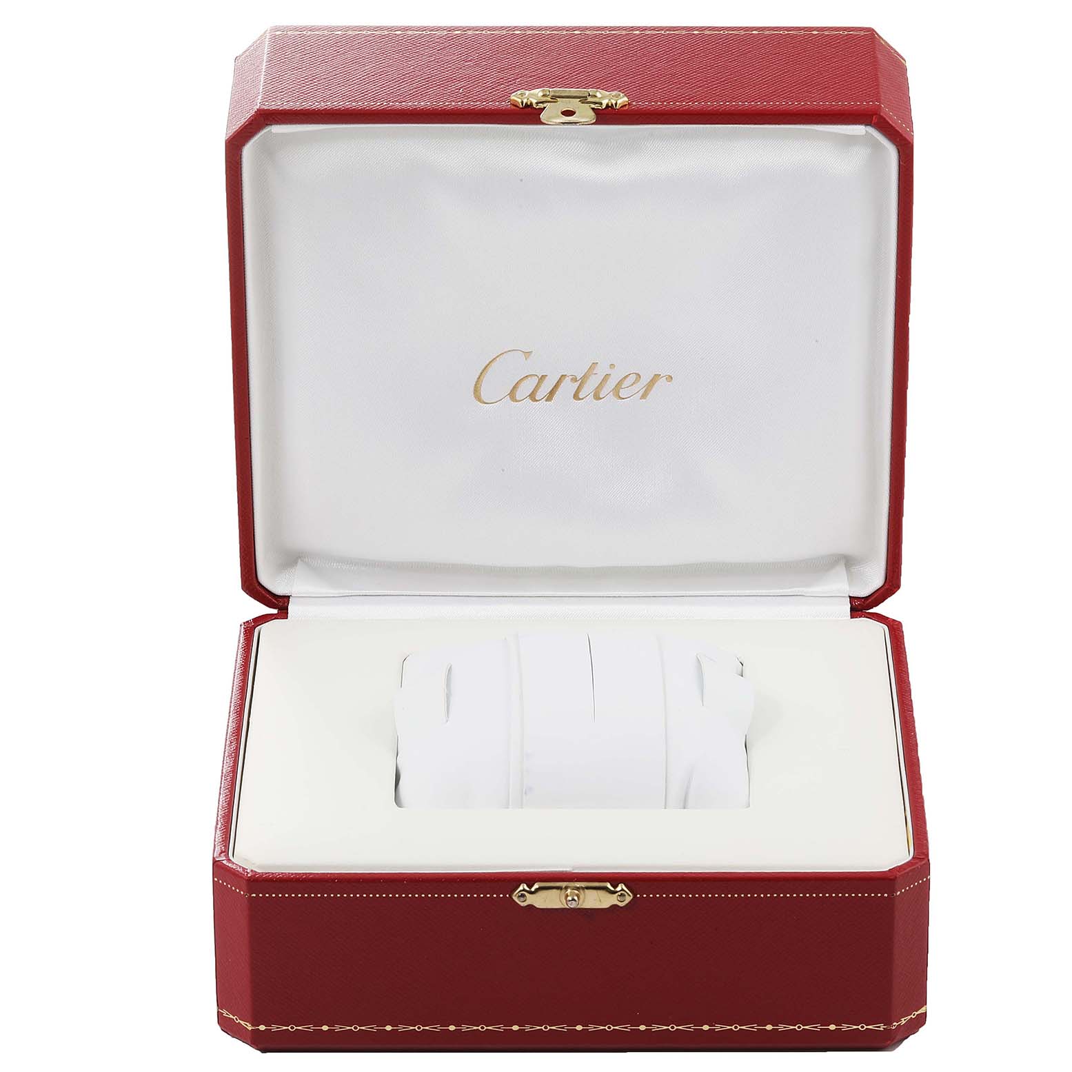 The image shows an open Cartier Tank Francaise W51007Q4 Women's Steel and Gold (two tone) Silver Dial W51007Q4 Women's Steel and Gold (two tone) Silver Dial watch box, featuring the brand name "Cartier" on the white interior.