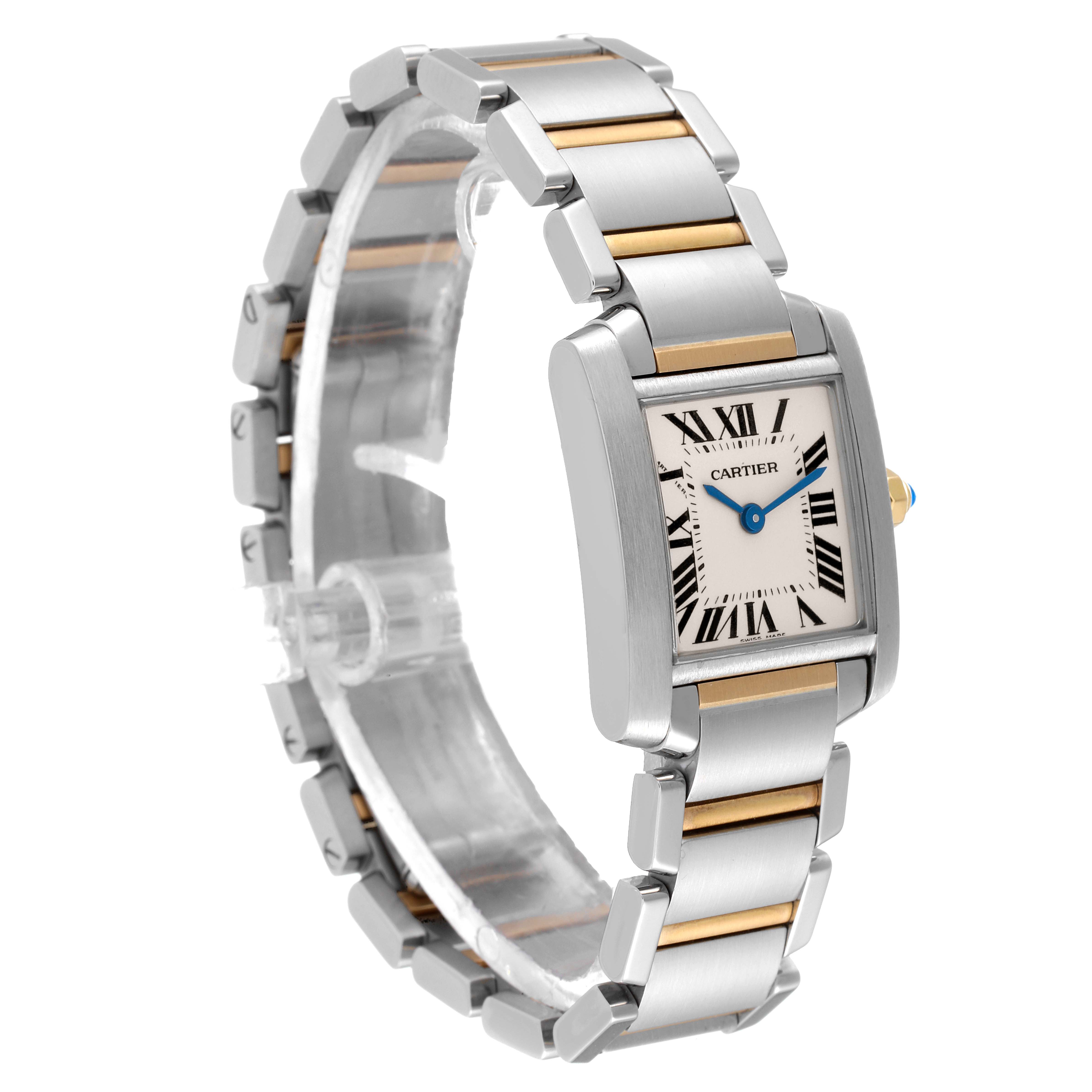 This image shows a Cartier Tank Francaise W51007Q4 Women's Steel and Gold (two tone) Silver Dial W51007Q4 Women's Steel and Gold (two tone) Silver Dial watch, angled three-quarters from the front, displaying the face and the bracelet.