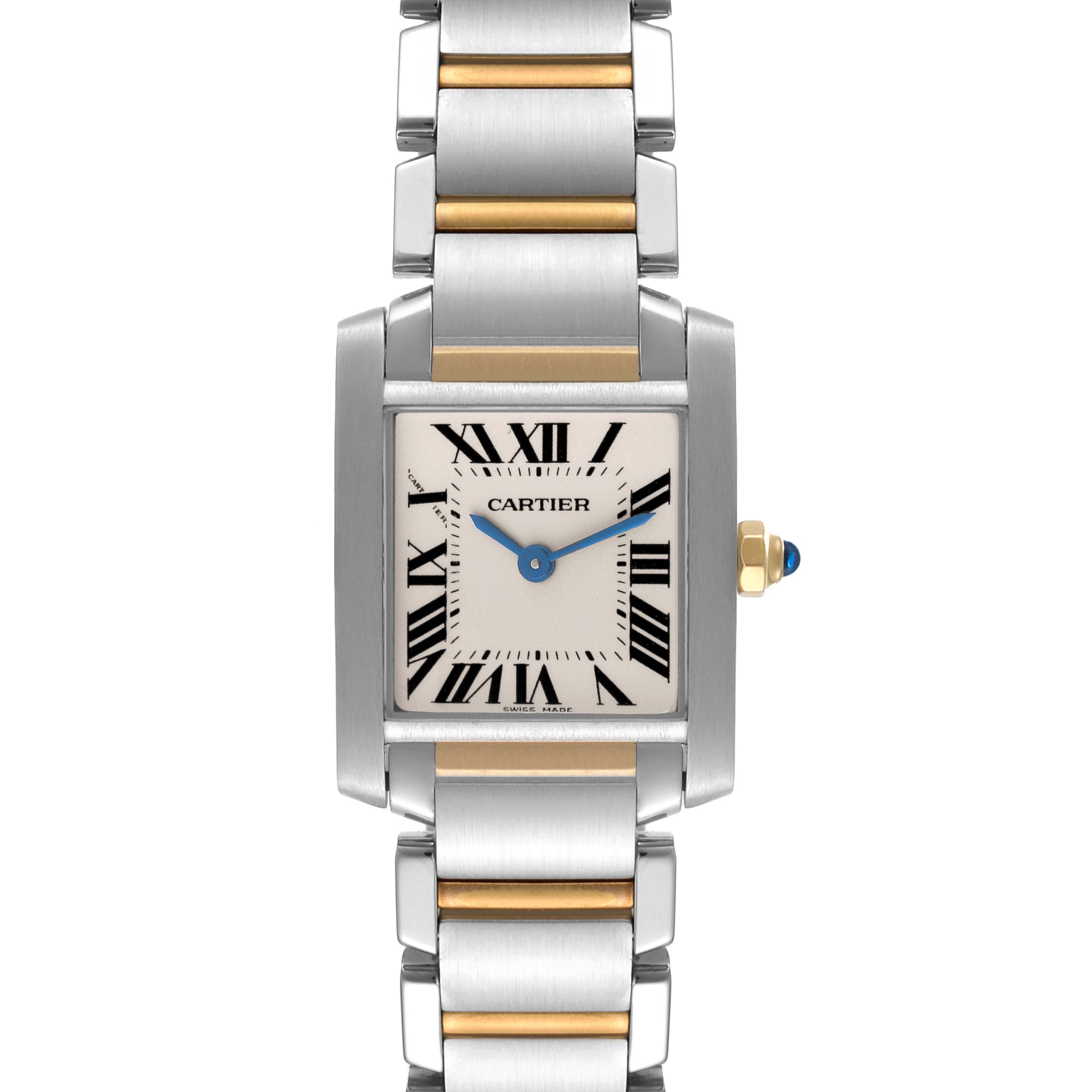 This image shows a front view of a Cartier Tank Francaise W51007Q4 Women's Steel and Gold (two tone) Silver Dial W51007Q4 Women's Steel and Gold (two tone) Silver Dial watch, displaying the face and part of the metal bracelet.
