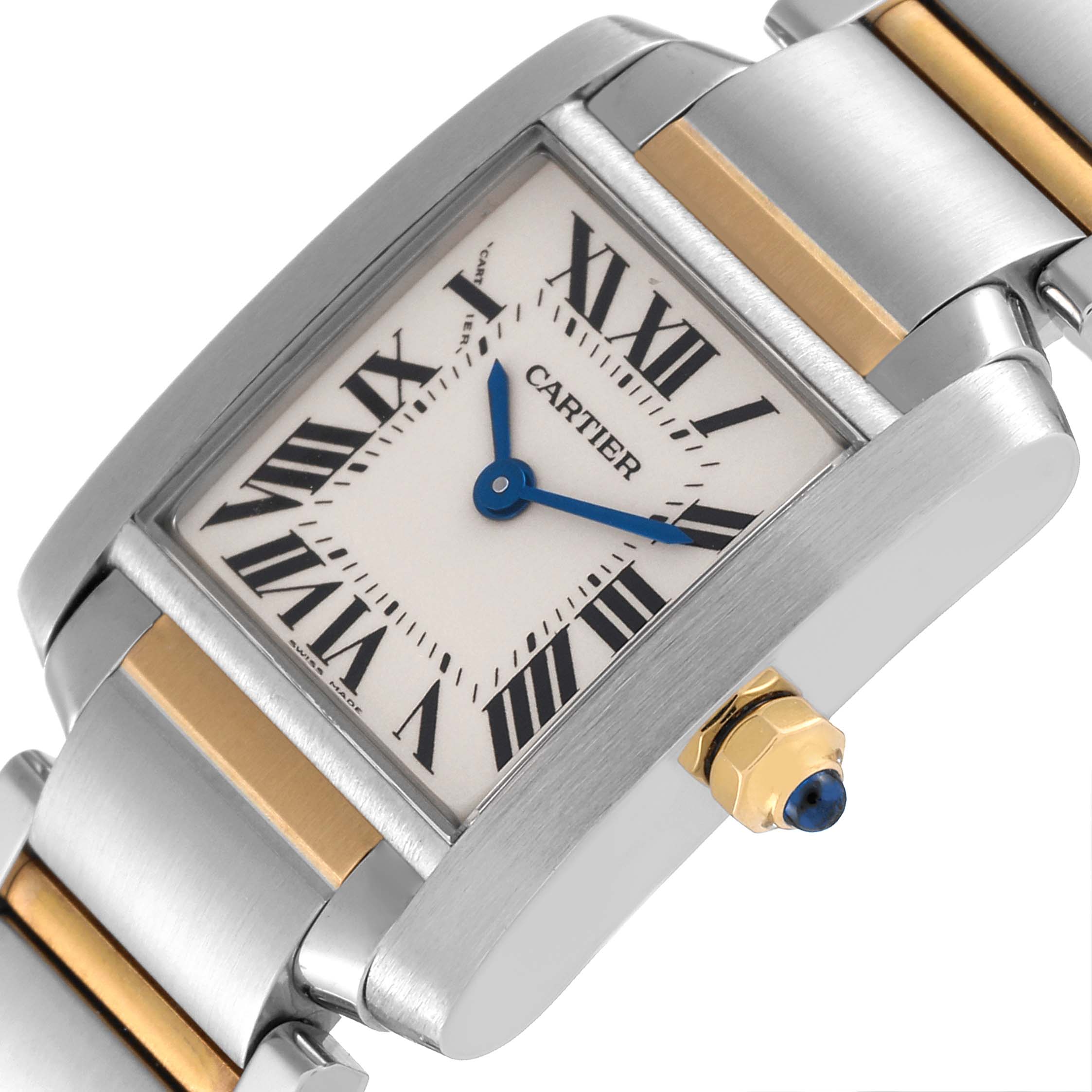 The Cartier Tank Française watch is shown at a tilted angle, highlighting its rectangular face, Roman numerals, and metallic strap.
