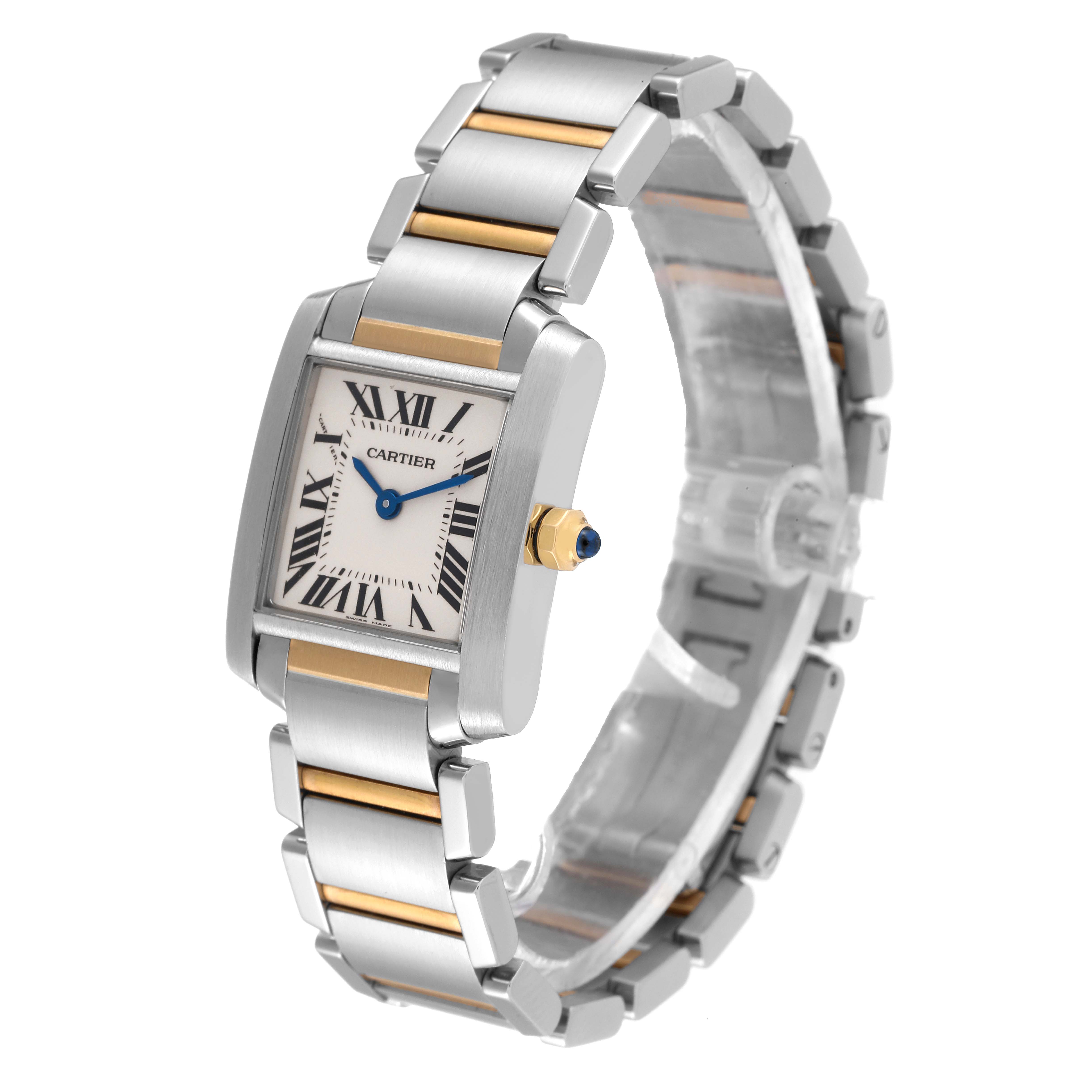 The image shows a Cartier Tank Francaise W51007Q4 Women's Steel and Gold (two tone) Silver Dial W51007Q4 Women's Steel and Gold (two tone) Silver Dial watch from an angled view, highlighting the face, bracelet, and crown.