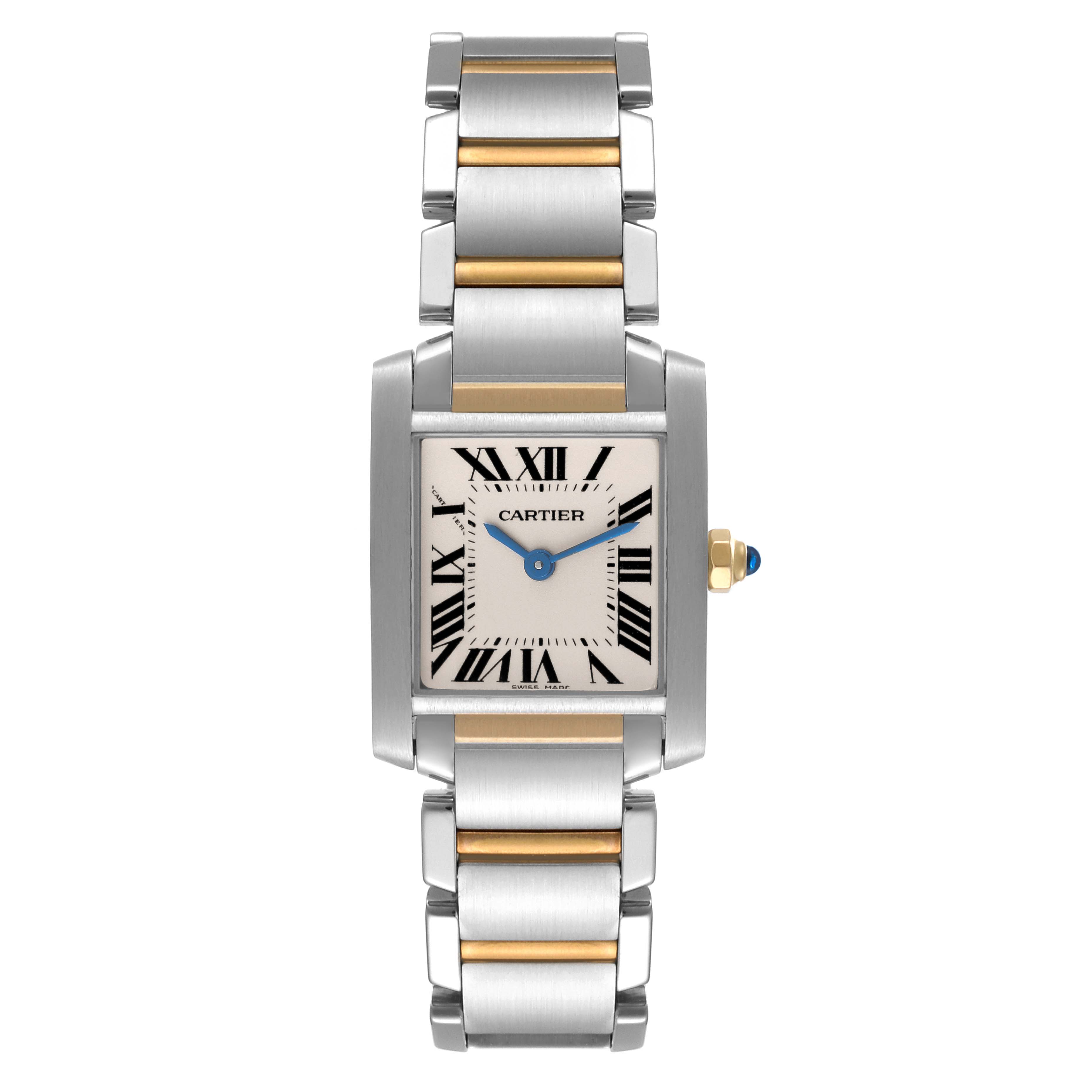 This Tank Francaise model by Cartier is shown in a frontal view, displaying its face and full metal bracelet.