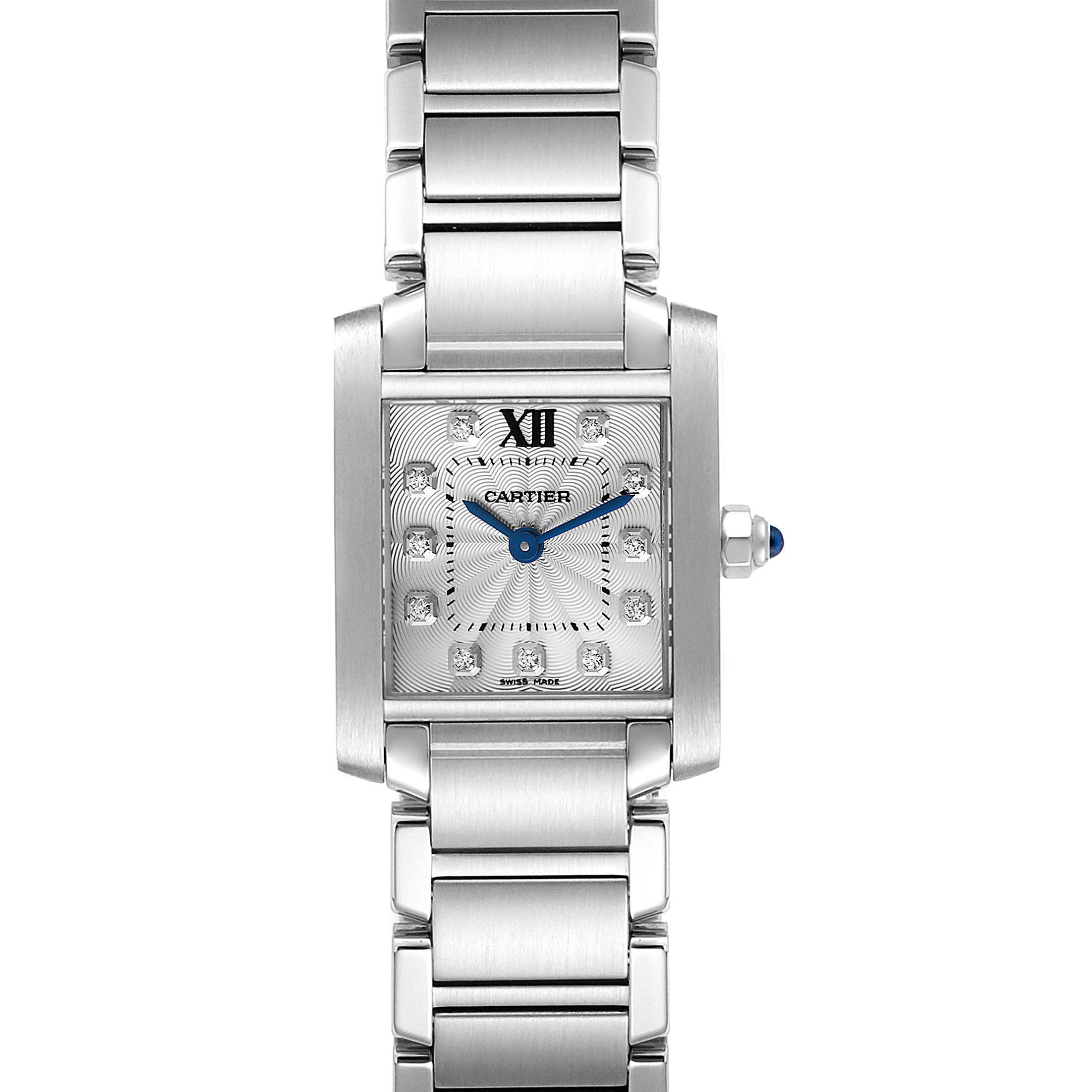 The image shows a front view of the Cartier Tank Française watch, showcasing its rectangular face, blue hands, and metallic band.