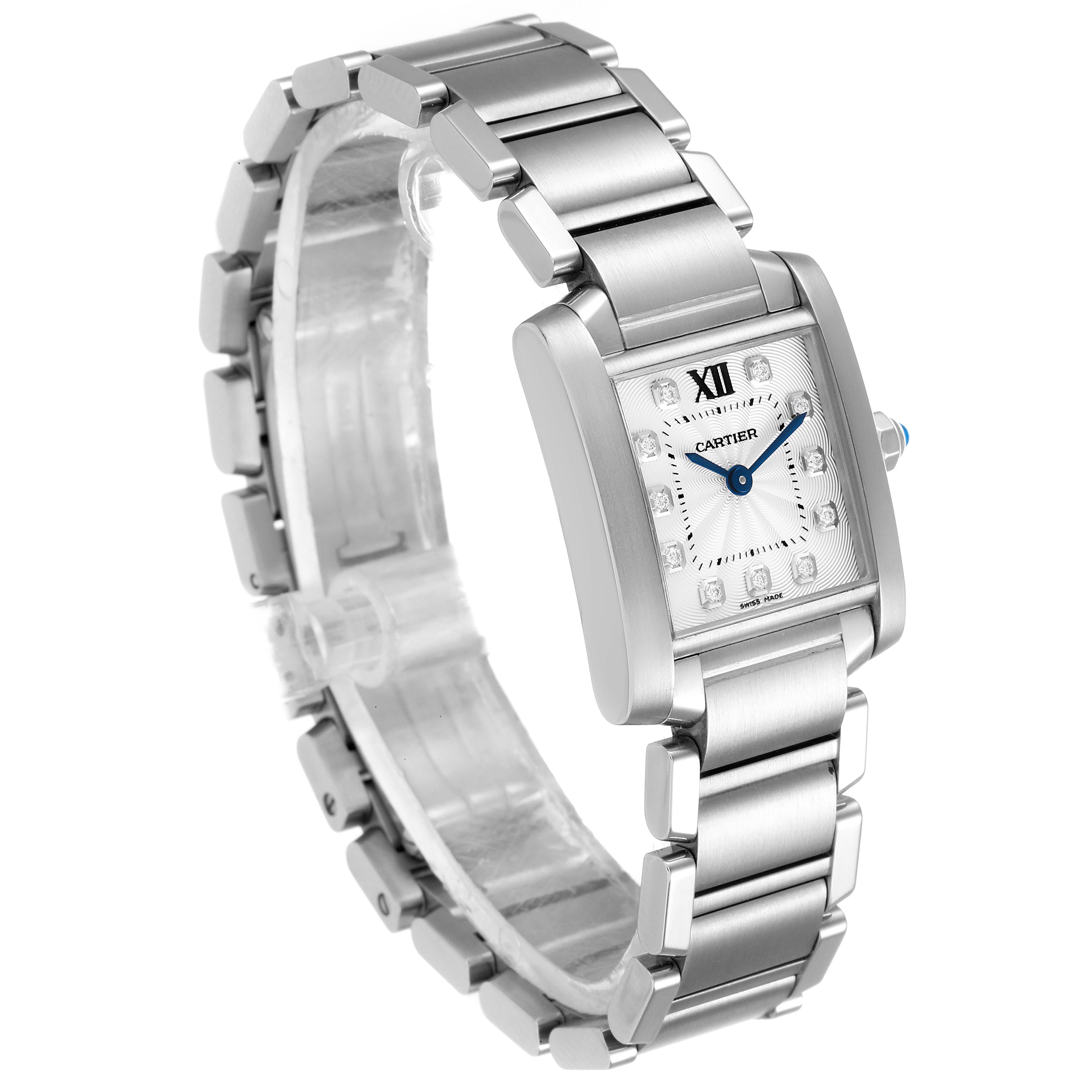 The Cartier Tank Française watch is shown at a slight angle, highlighting the case, face, bracelet, and clasp.