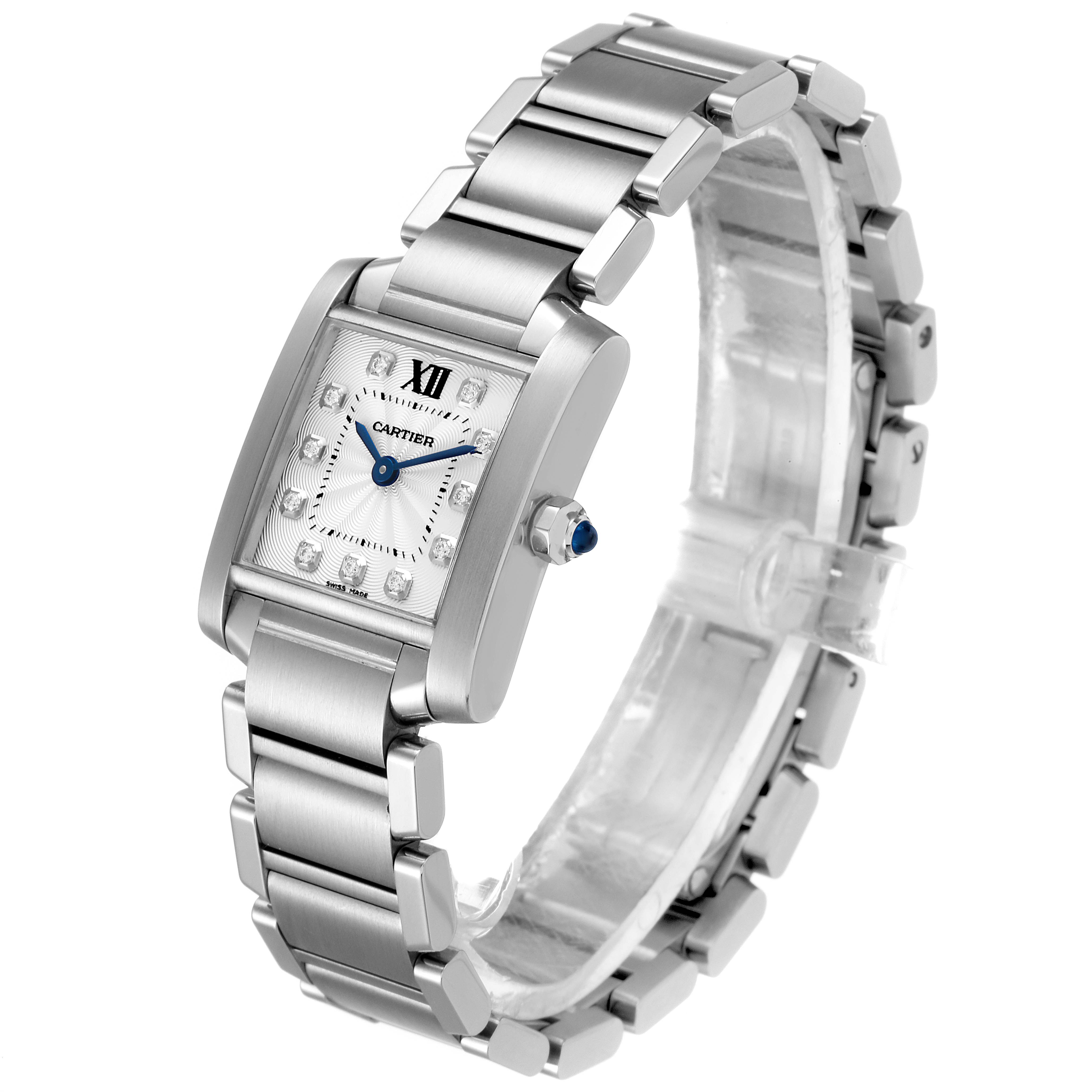 The image shows a Cartier Tank Française watch at a three-quarter angle, highlighting the stainless steel bracelet and rectangular watch face.