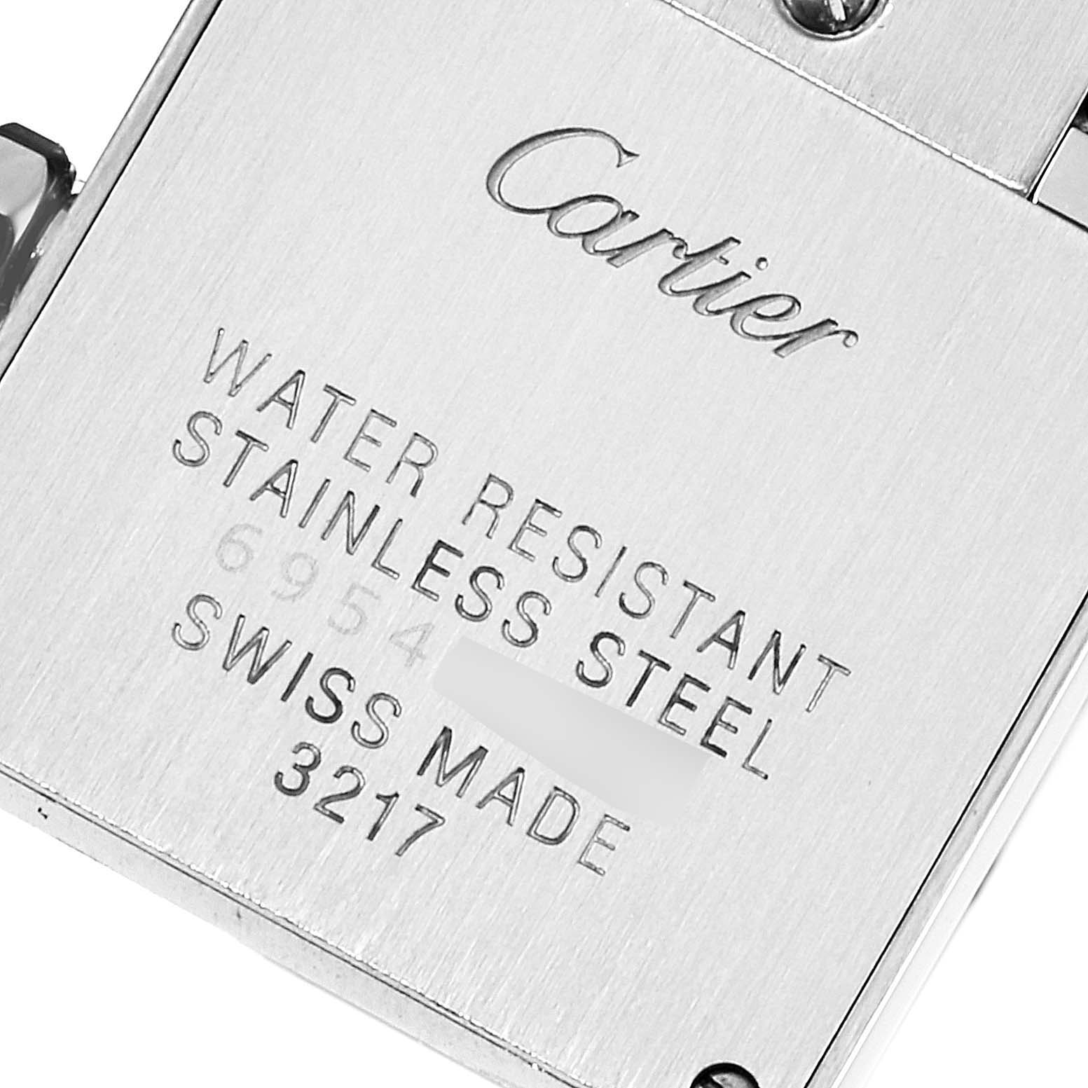 The image shows the back case of the Cartier Tank Francaise WE110006 Women's Stainless Steel Silver Dial WE110006 Women's Stainless Steel Silver Dial watch, highlighting the water resistance, material, and Swiss origin.