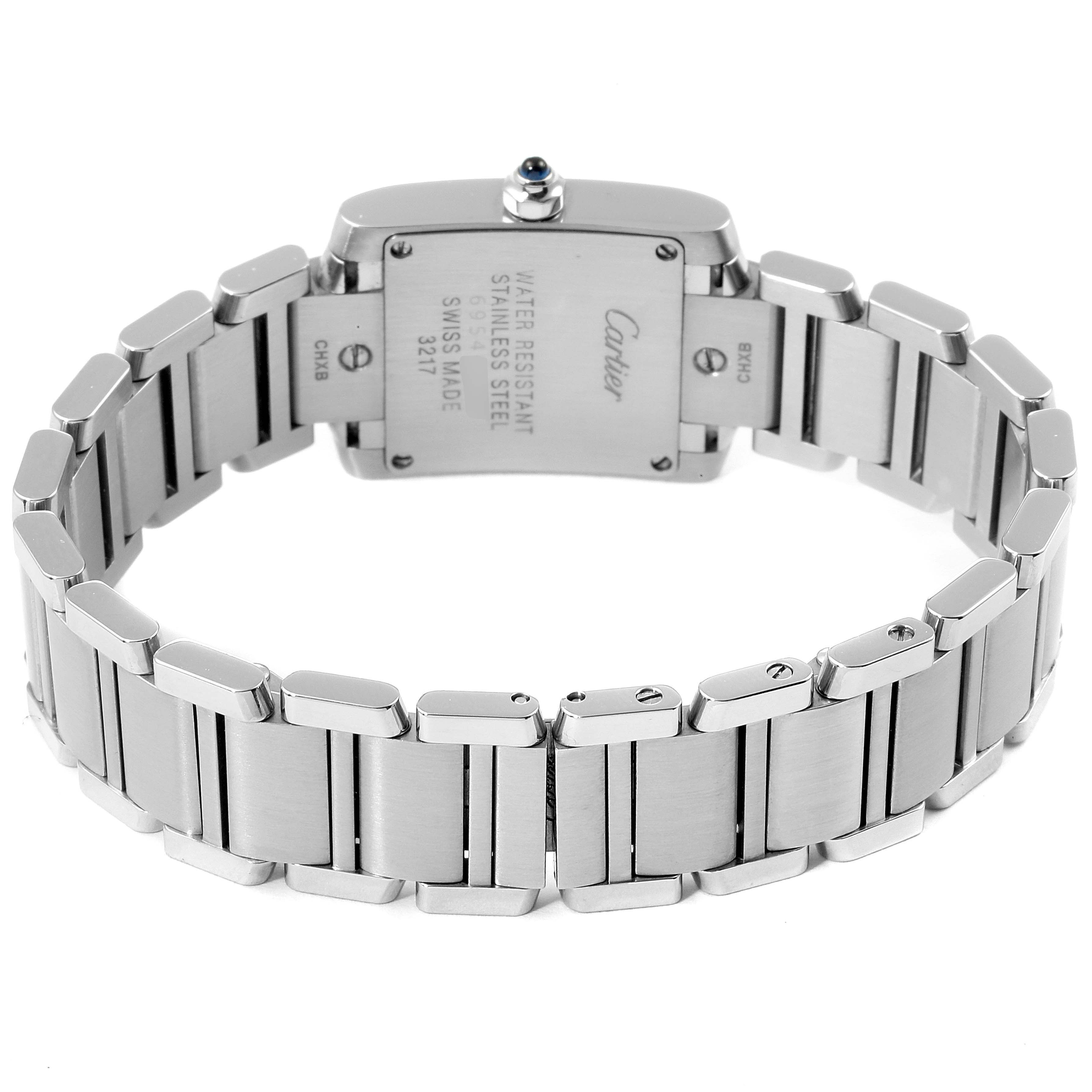The image shows the back view of the Cartier Tank Francaise WE110006 Women's Stainless Steel Silver Dial WE110006 Women's Stainless Steel Silver Dial watch, highlighting its stainless steel bracelet and case back.