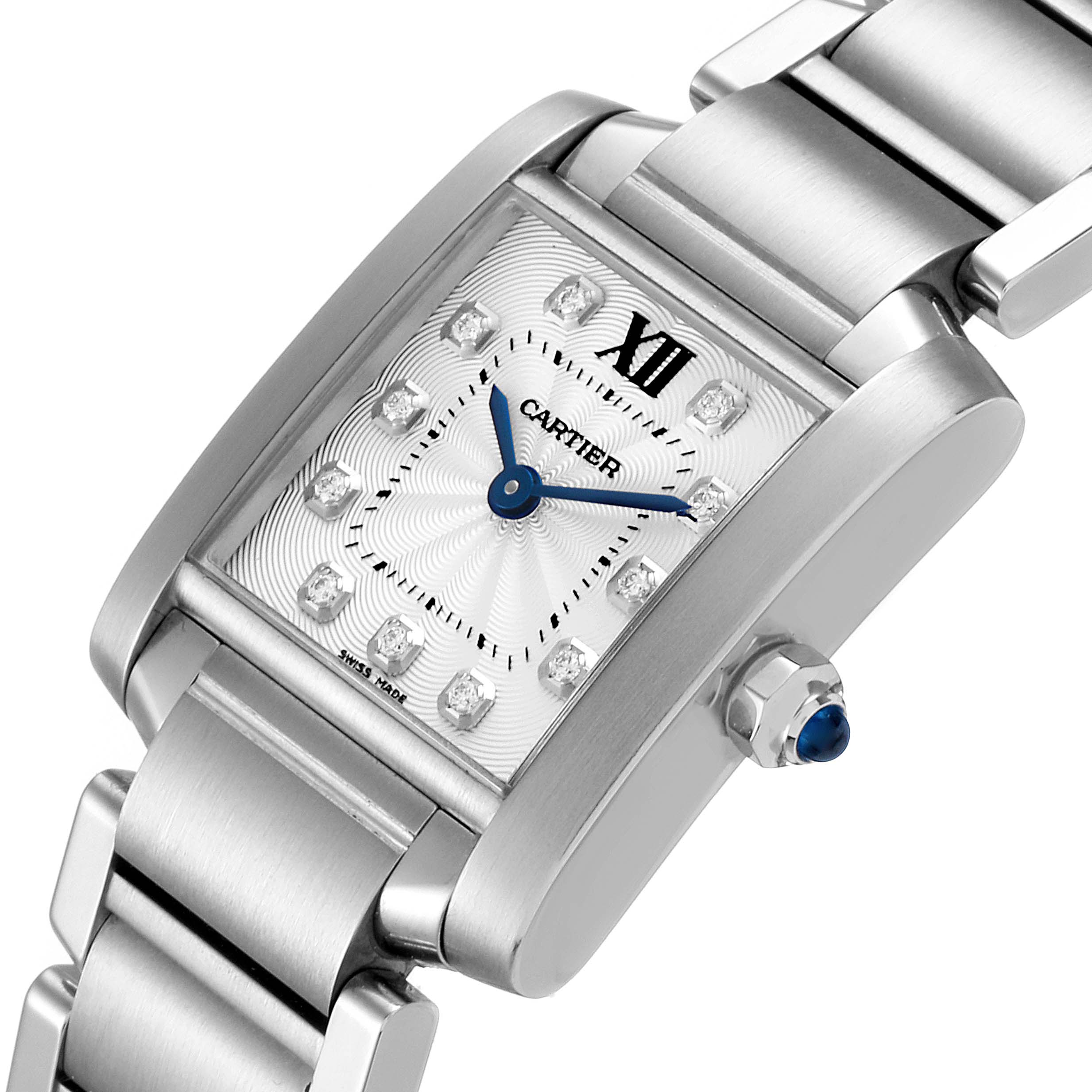 The image displays a close-up view of a Cartier Tank Francaise WE110006 Women's Stainless Steel Silver Dial WE110006 Women's Stainless Steel Silver Dial watch, highlighting the face, bezel, and part of the bracelet.