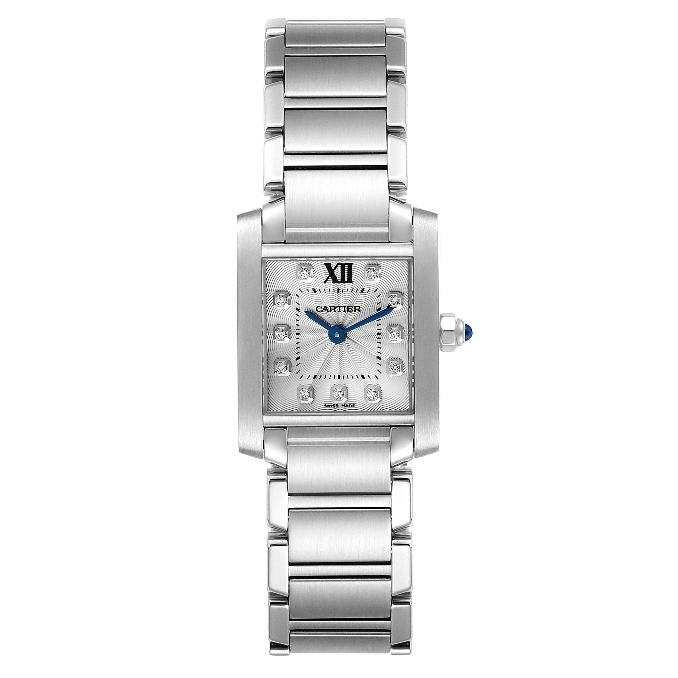 This image shows a full-frontal view of a Cartier Tank Française watch, featuring its face, bracelet, and crown with a blue gemstone.