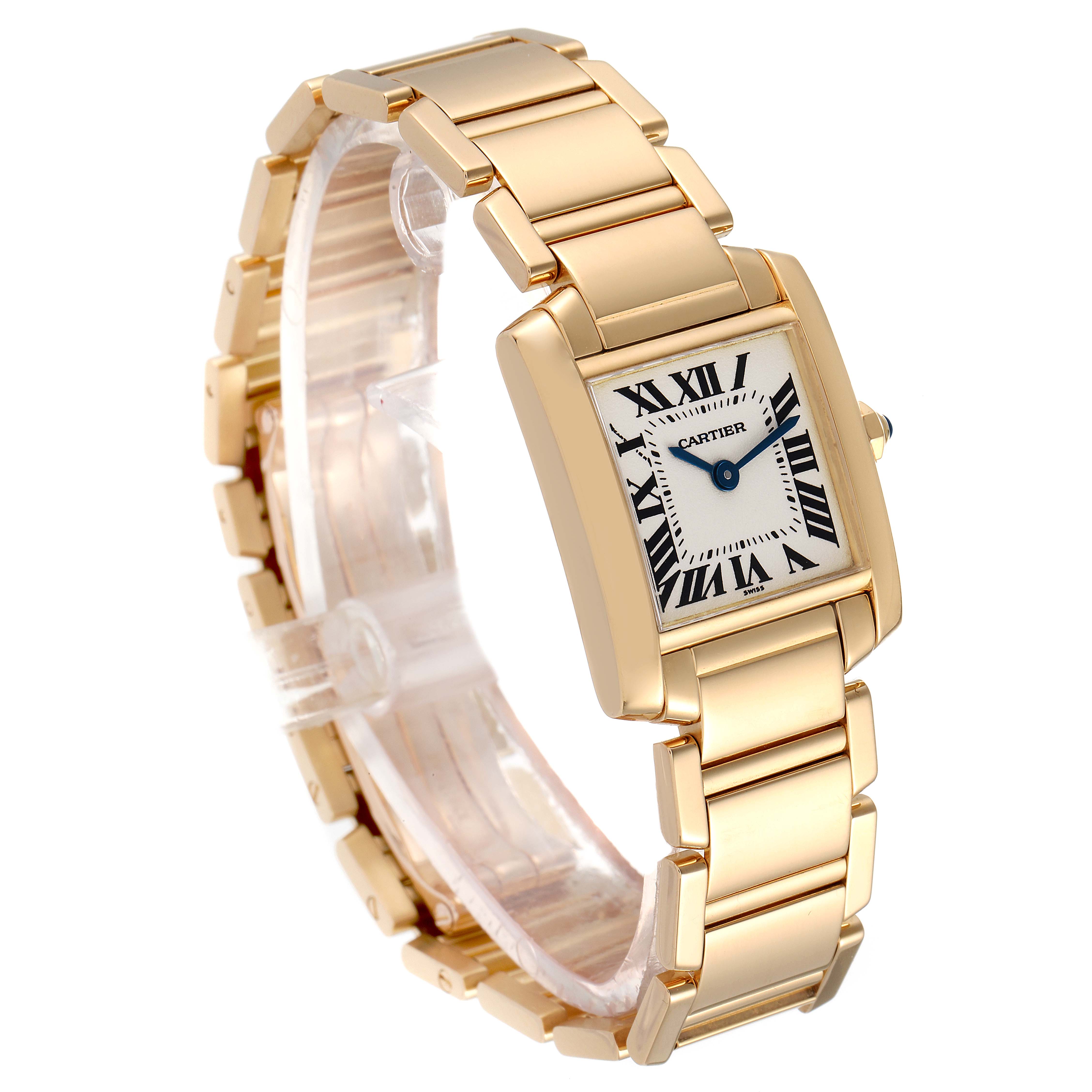 This image shows a Cartier Tank Francaise W50002N2 Women
s Yellow Gold Silver Dial W50002N2 Women
s Yellow Gold Silver Dial watch in a three-quarter view, highlighting the bracelet and face.